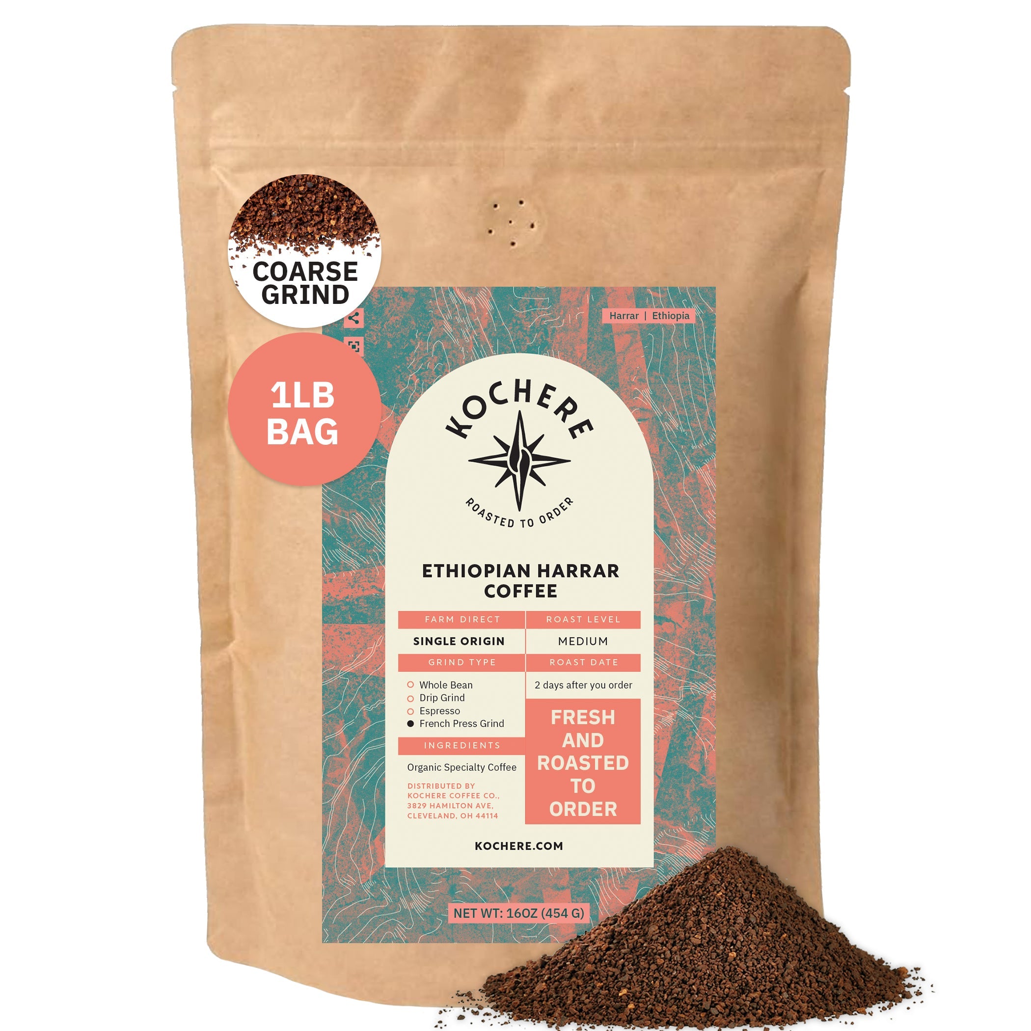 Kochere Coffee Ethiopian Harrar Natural Medium Roast - Fruity, Berry, Dark Chocolate Notes