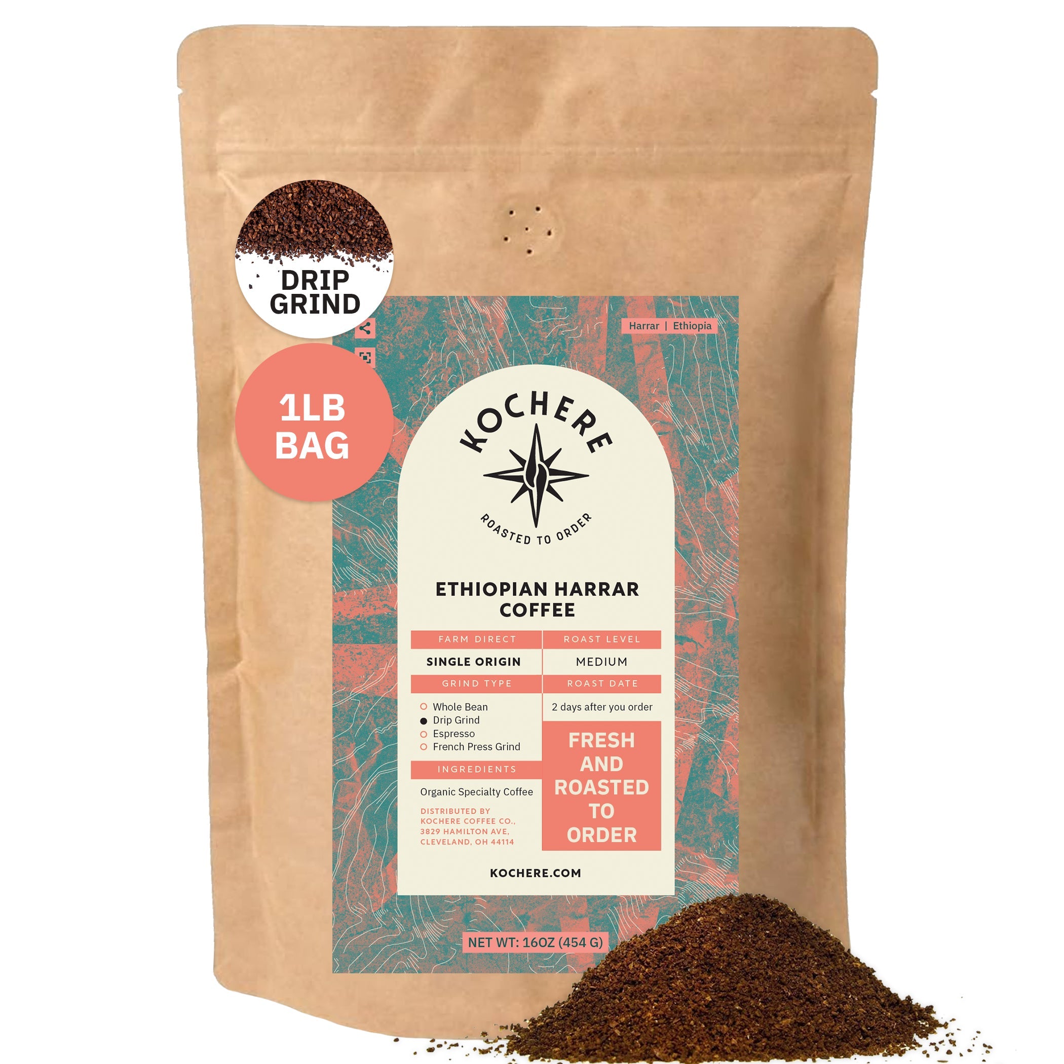 Kochere Coffee Ethiopian Harrar Natural Medium Roast - Fruity, Berry, Dark Chocolate Notes