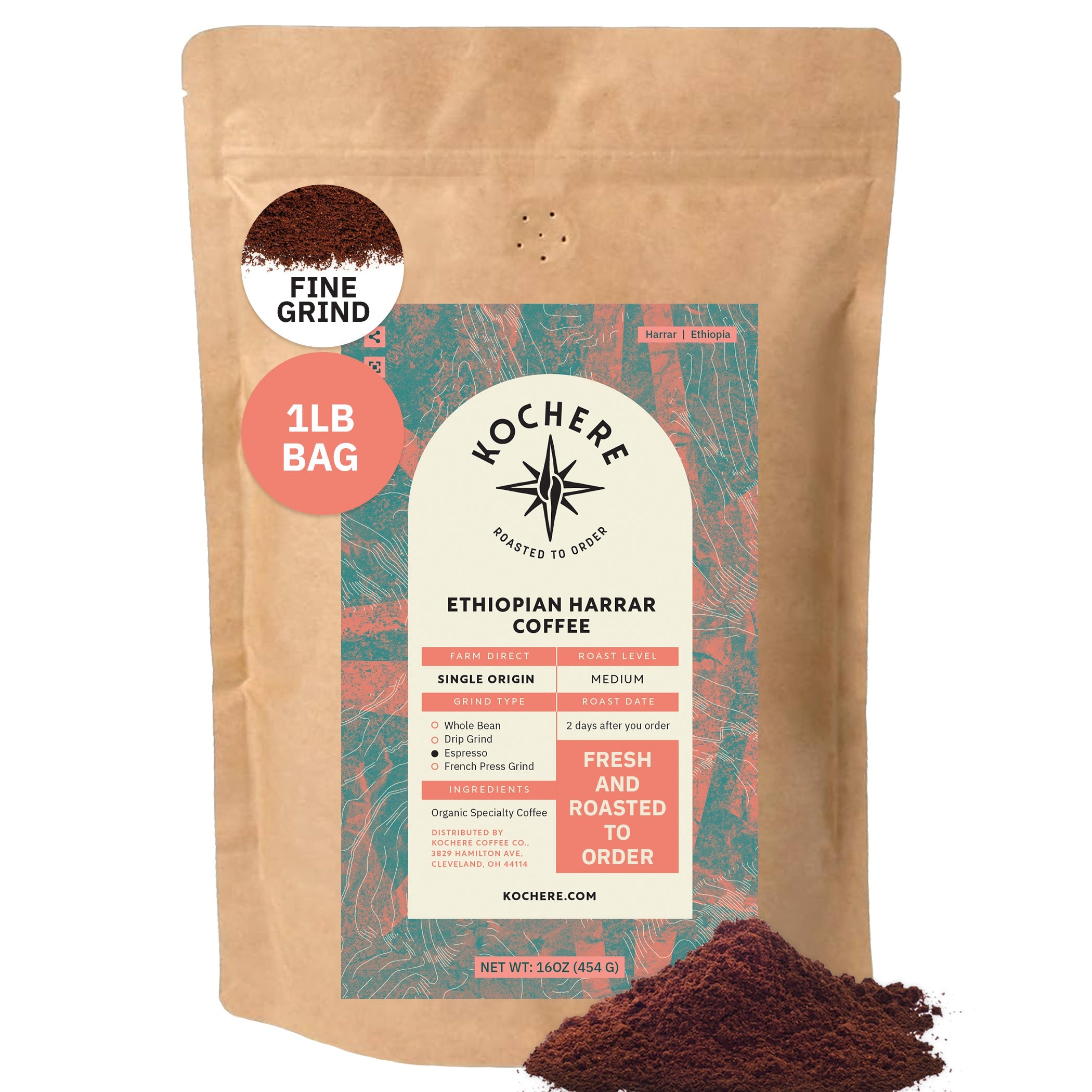Kochere Coffee Ethiopian Harrar Natural Medium Roast - Fruity, Berry, Dark Chocolate Notes