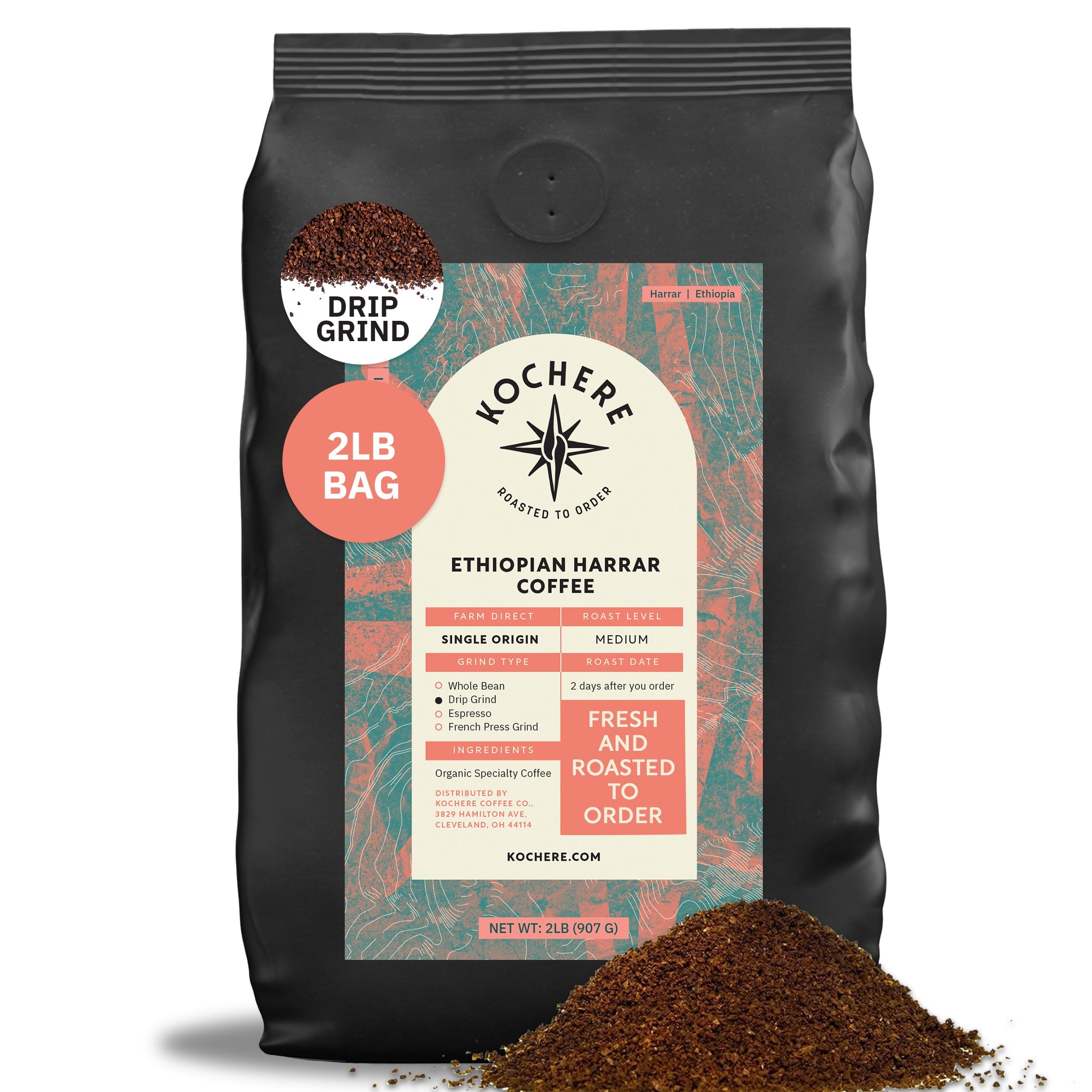 Kochere Coffee Ethiopian Harrar Natural Medium Roast - Fruity, Berry, Dark Chocolate Notes