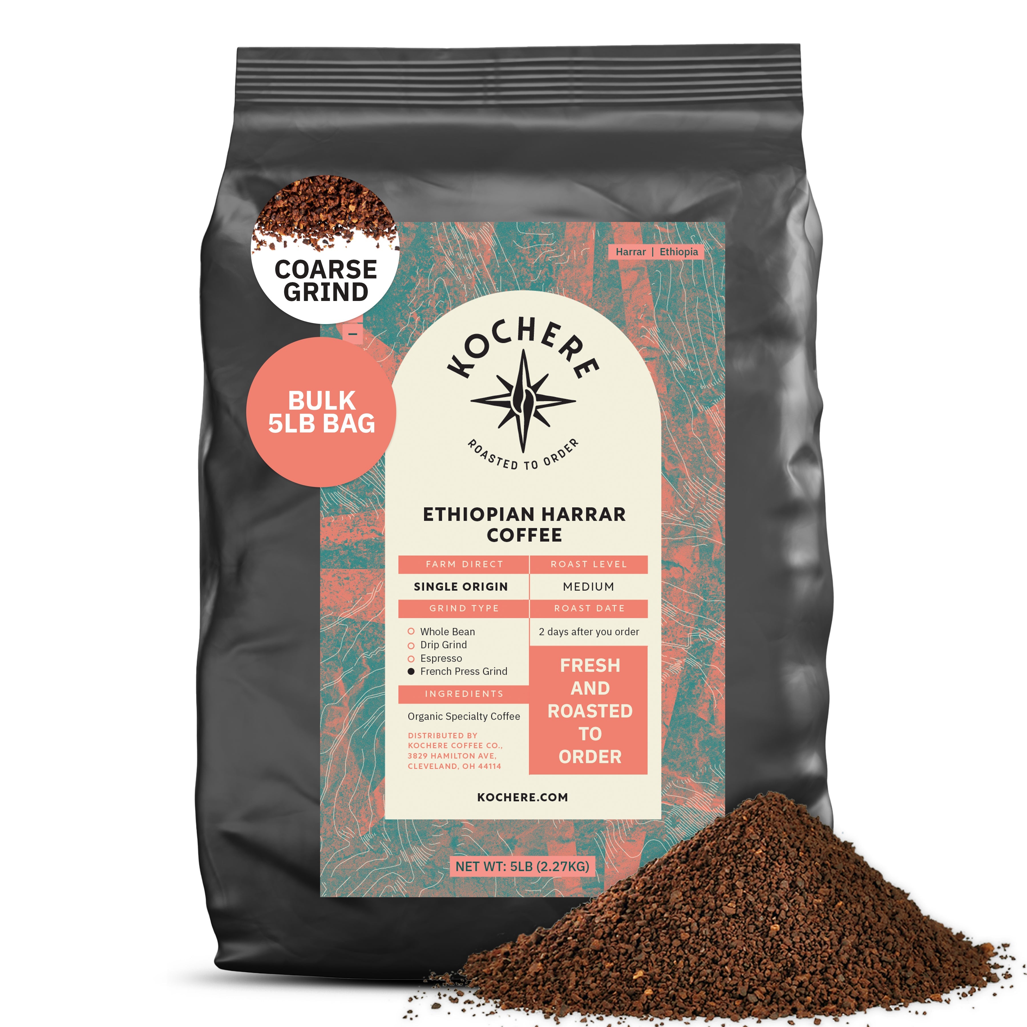 Kochere Coffee Ethiopian Harrar Natural Medium Roast - Fruity, Berry, Dark Chocolate Notes