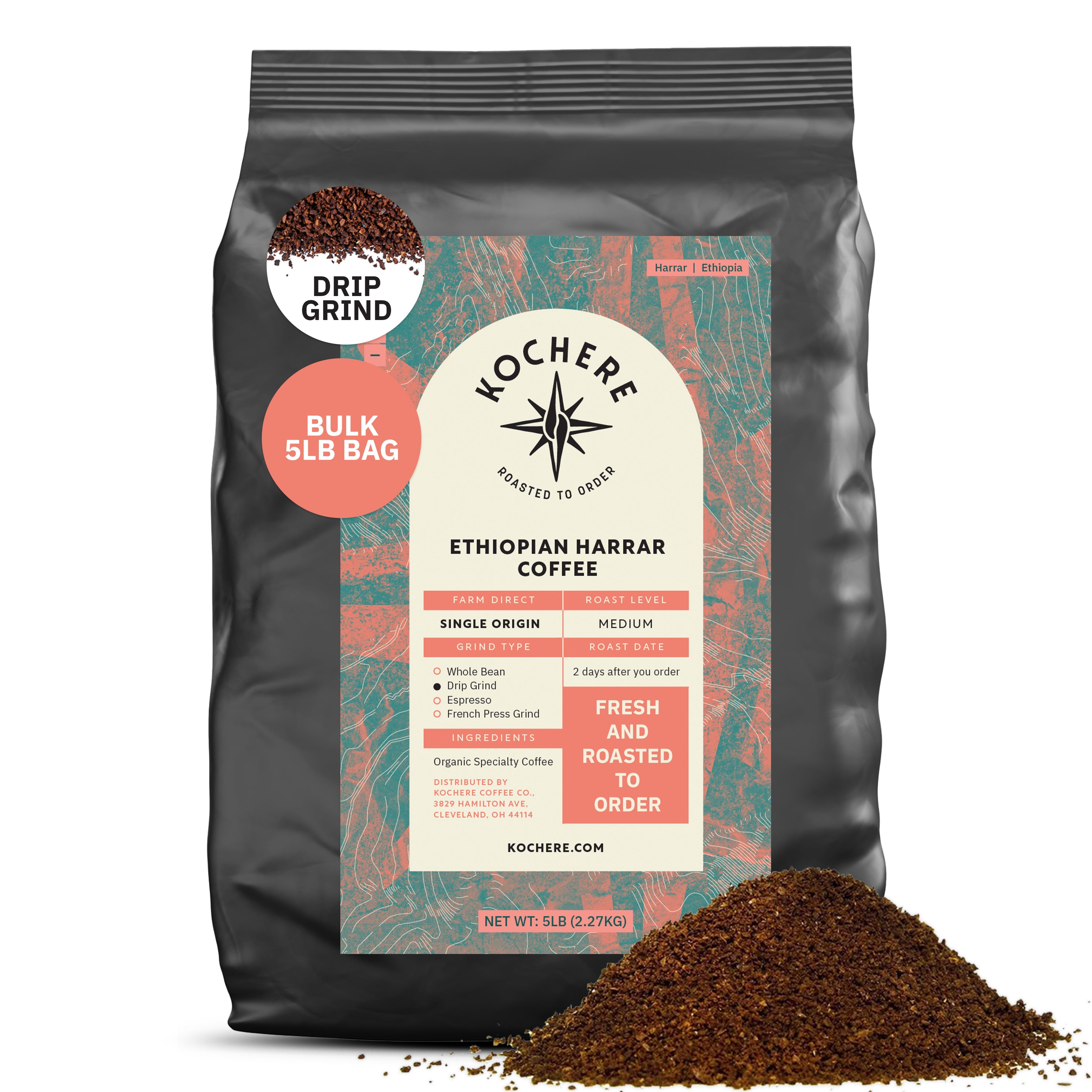 Kochere Coffee Ethiopian Harrar Natural Medium Roast - Fruity, Berry, Dark Chocolate Notes