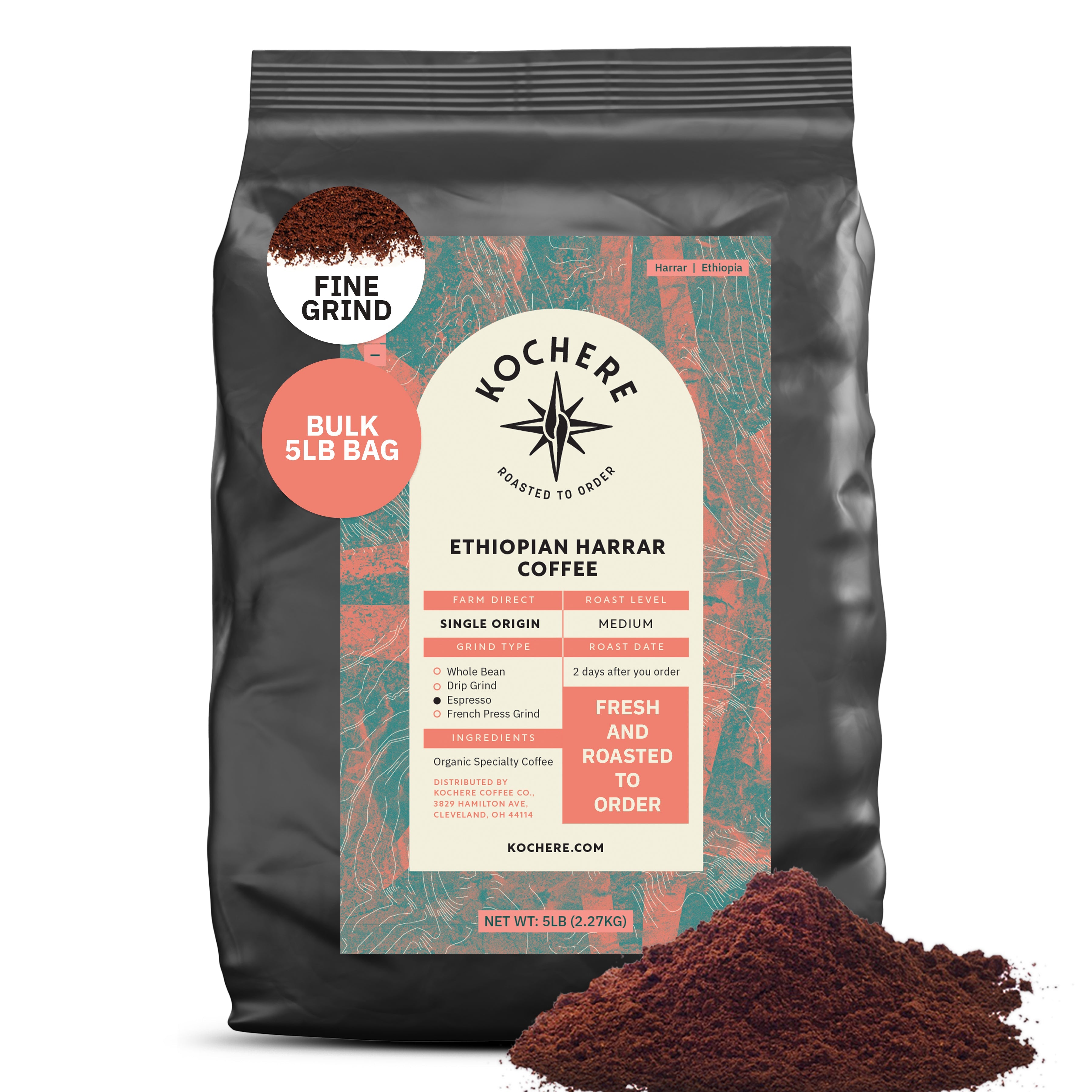 Kochere Coffee Ethiopian Harrar Natural Medium Roast - Fruity, Berry, Dark Chocolate Notes