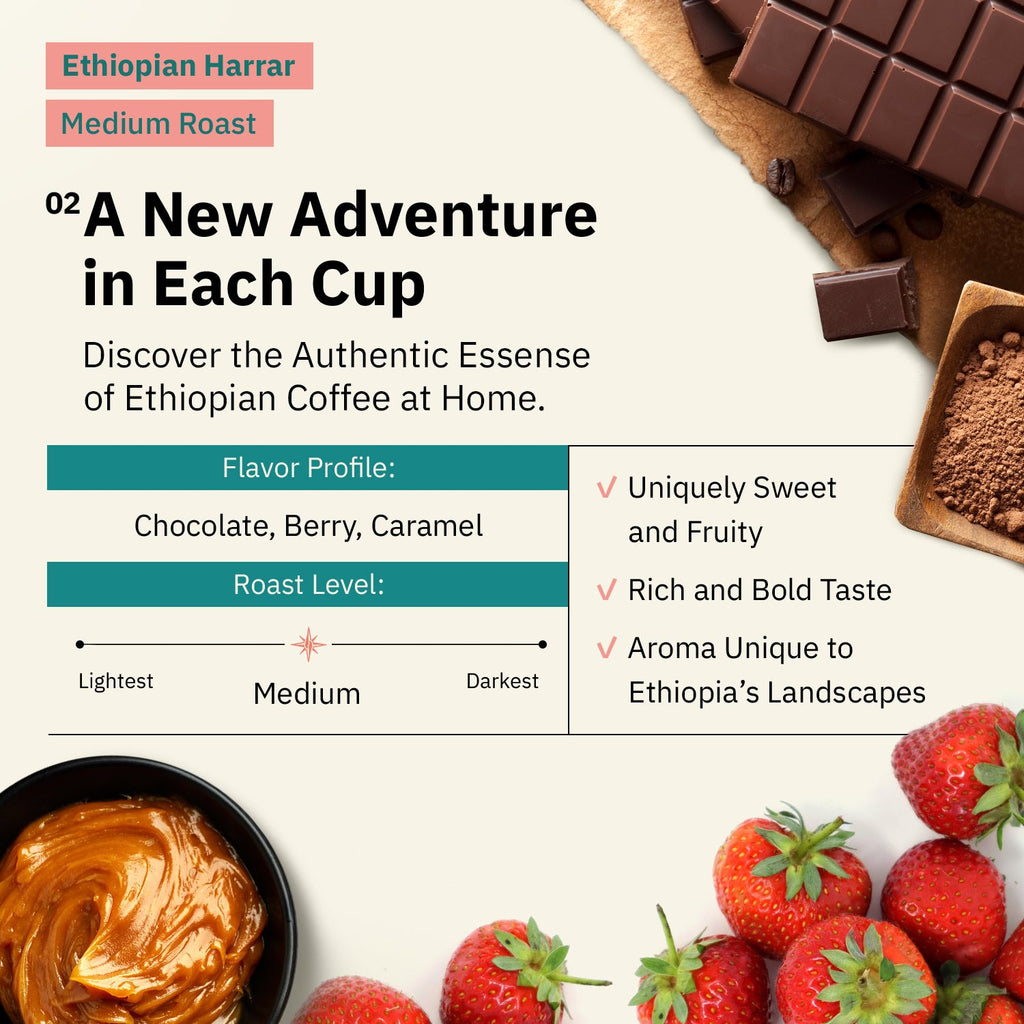 Kochere Coffee Ethiopian Harrar Natural Medium Roast - Fruity, Berry, Dark Chocolate Notes