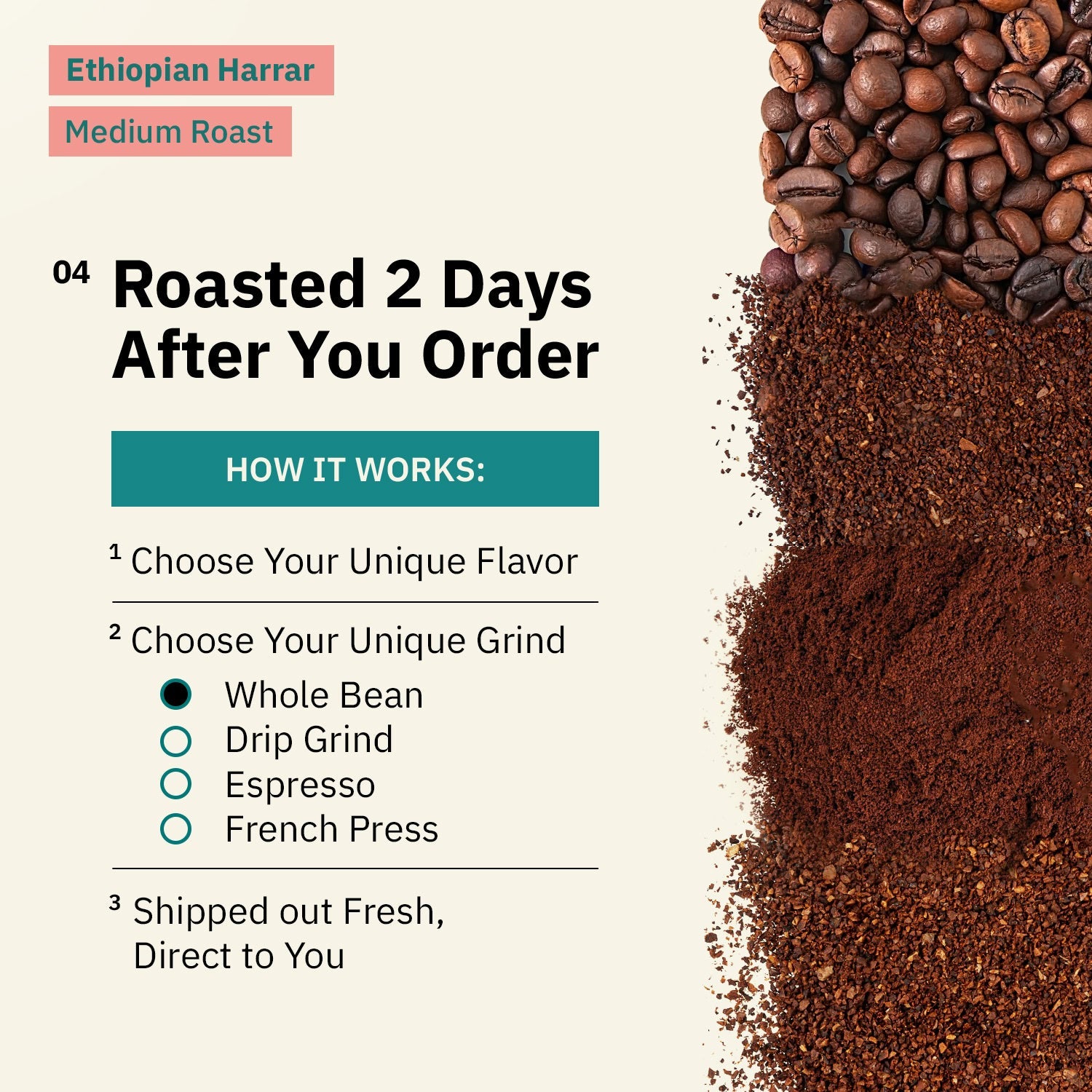 Kochere Coffee Ethiopian Harrar Natural Medium Roast - Fruity, Berry, Dark Chocolate Notes
