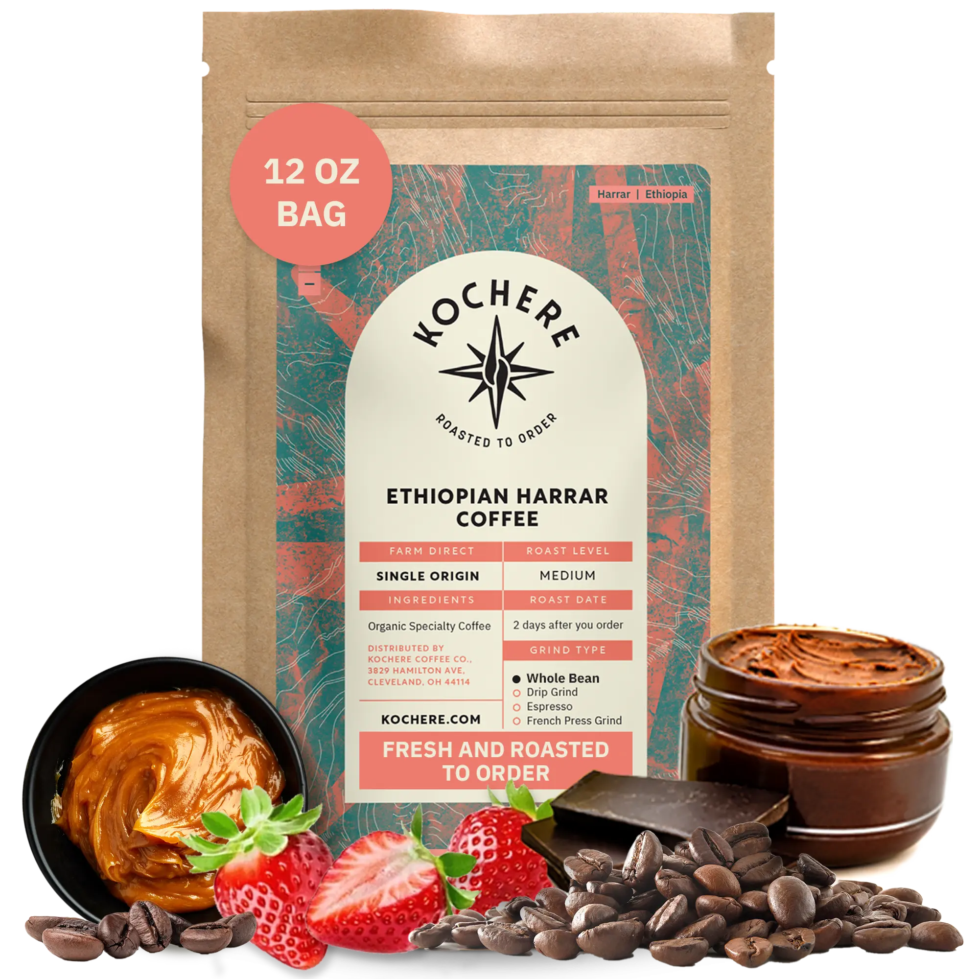 Kochere Coffee Ethiopian Harrar Natural Medium Roast - Fruity, Berry, Dark Chocolate Notes