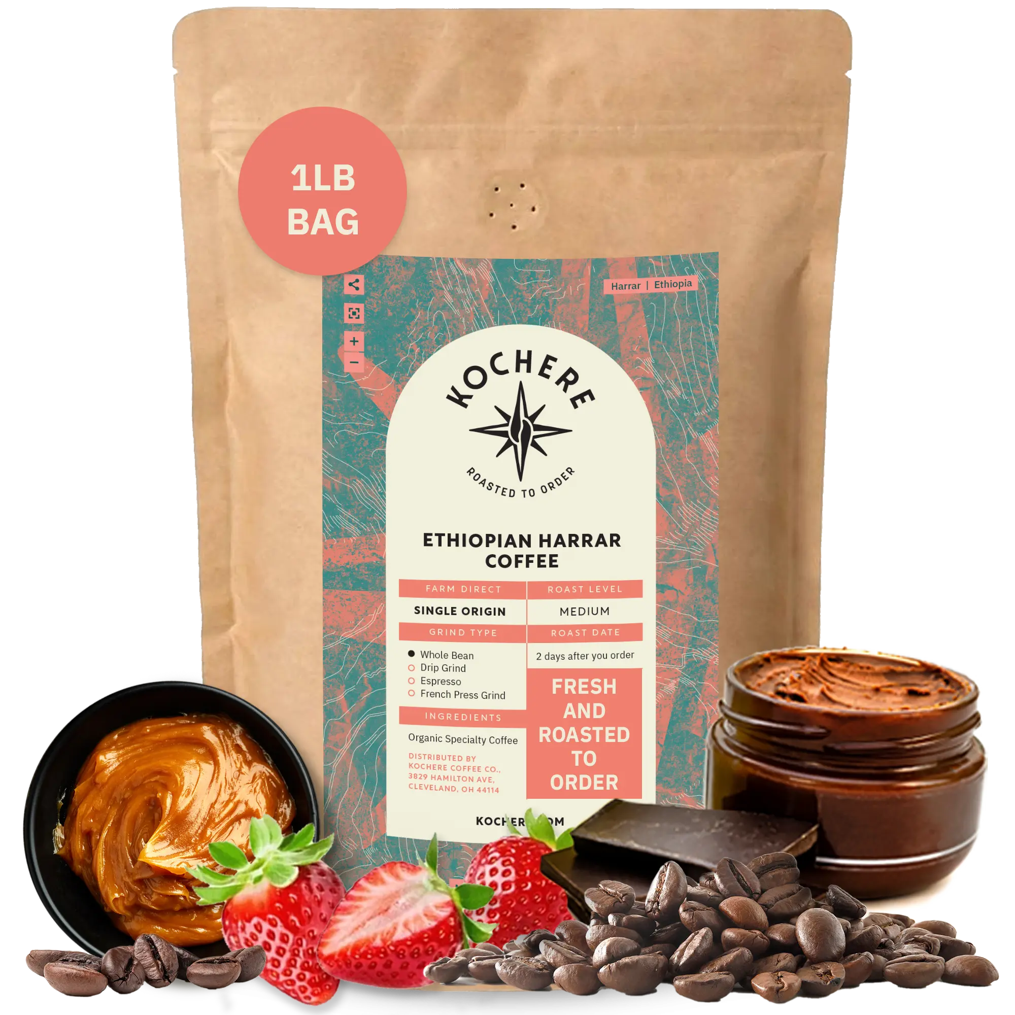 Kochere Coffee Ethiopian Harrar Natural Medium Roast - Fruity, Berry, Dark Chocolate Notes