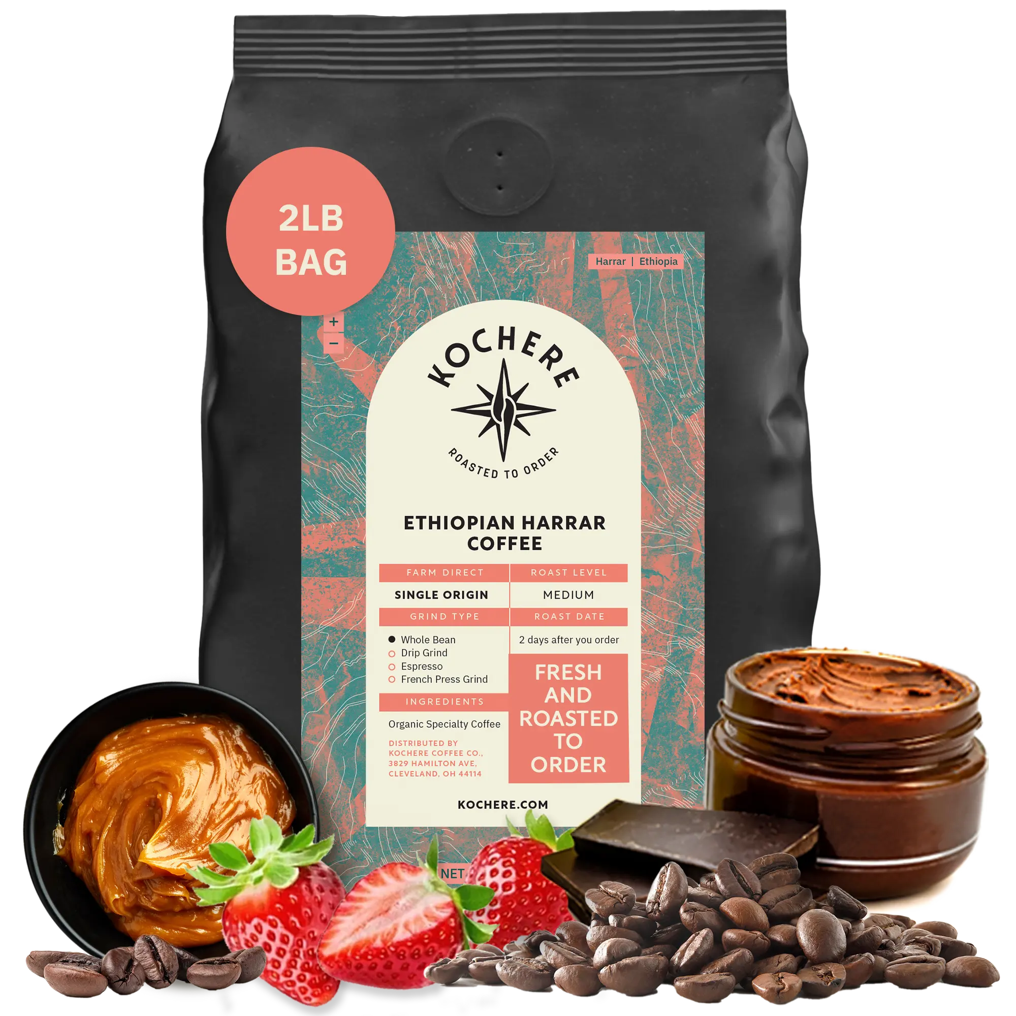 Kochere Coffee Ethiopian Harrar Natural Medium Roast - Fruity, Berry, Dark Chocolate Notes