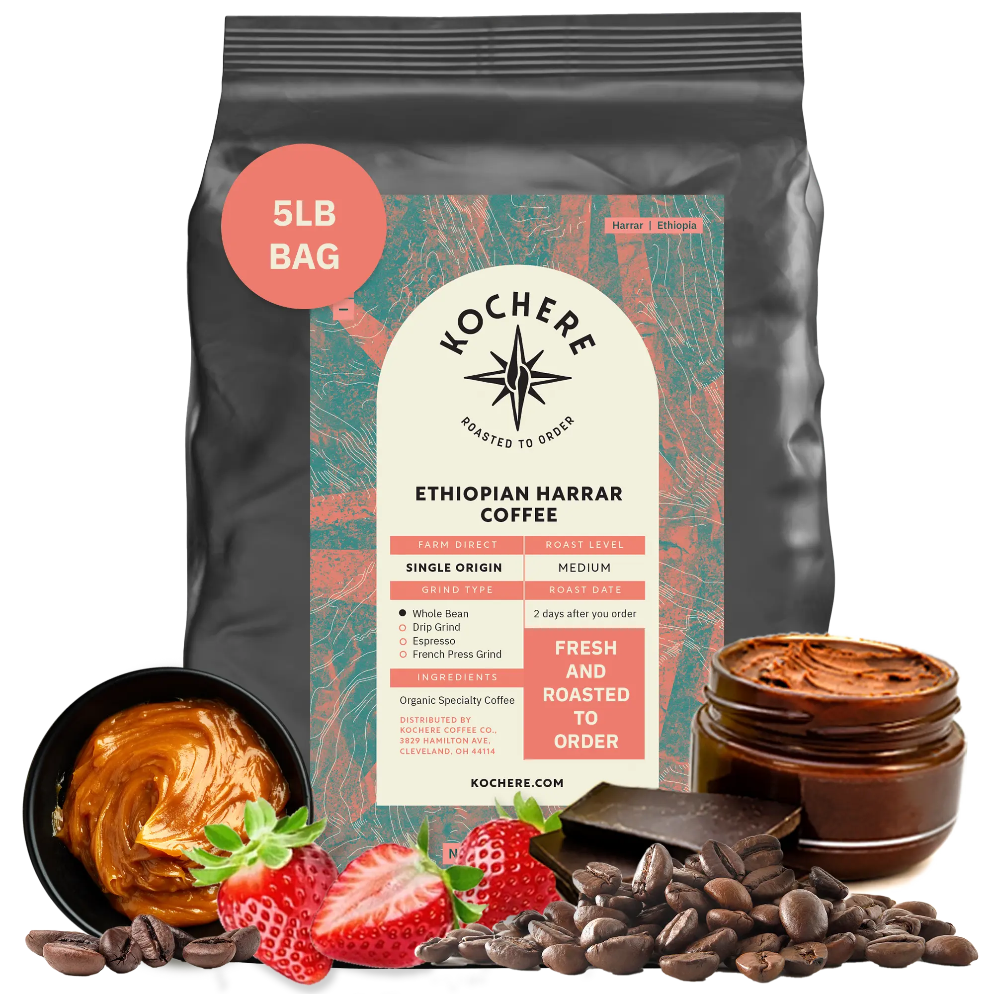 Kochere Coffee Ethiopian Harrar Natural Medium Roast - Fruity, Berry, Dark Chocolate Notes