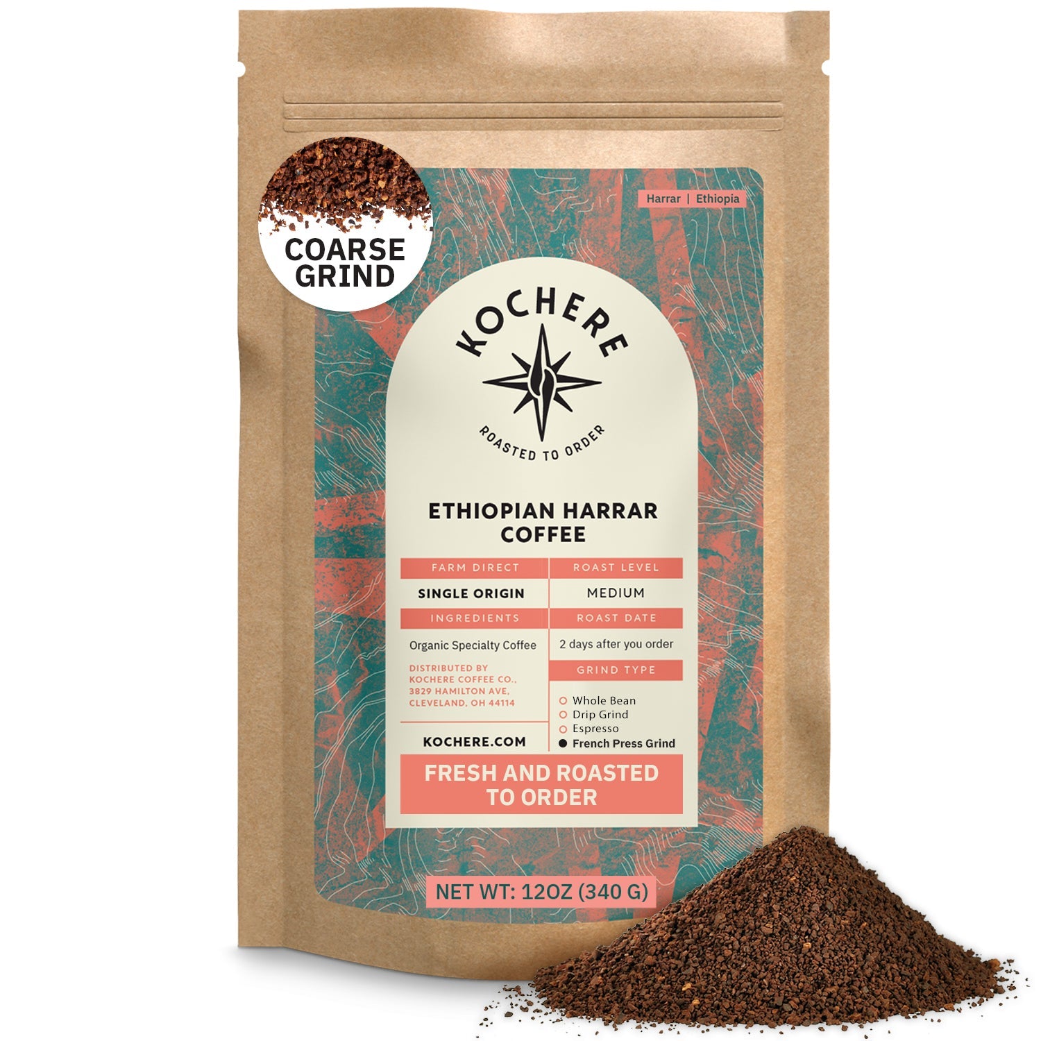 Kochere Coffee Ethiopian Harrar Natural Medium Roast - Fruity, Berry, Dark Chocolate Notes