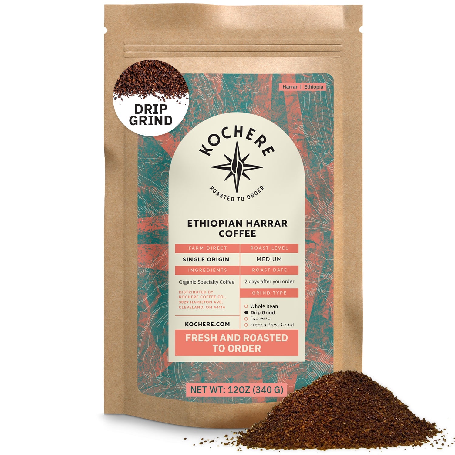Kochere Coffee Ethiopian Harrar Natural Medium Roast - Fruity, Berry, Dark Chocolate Notes