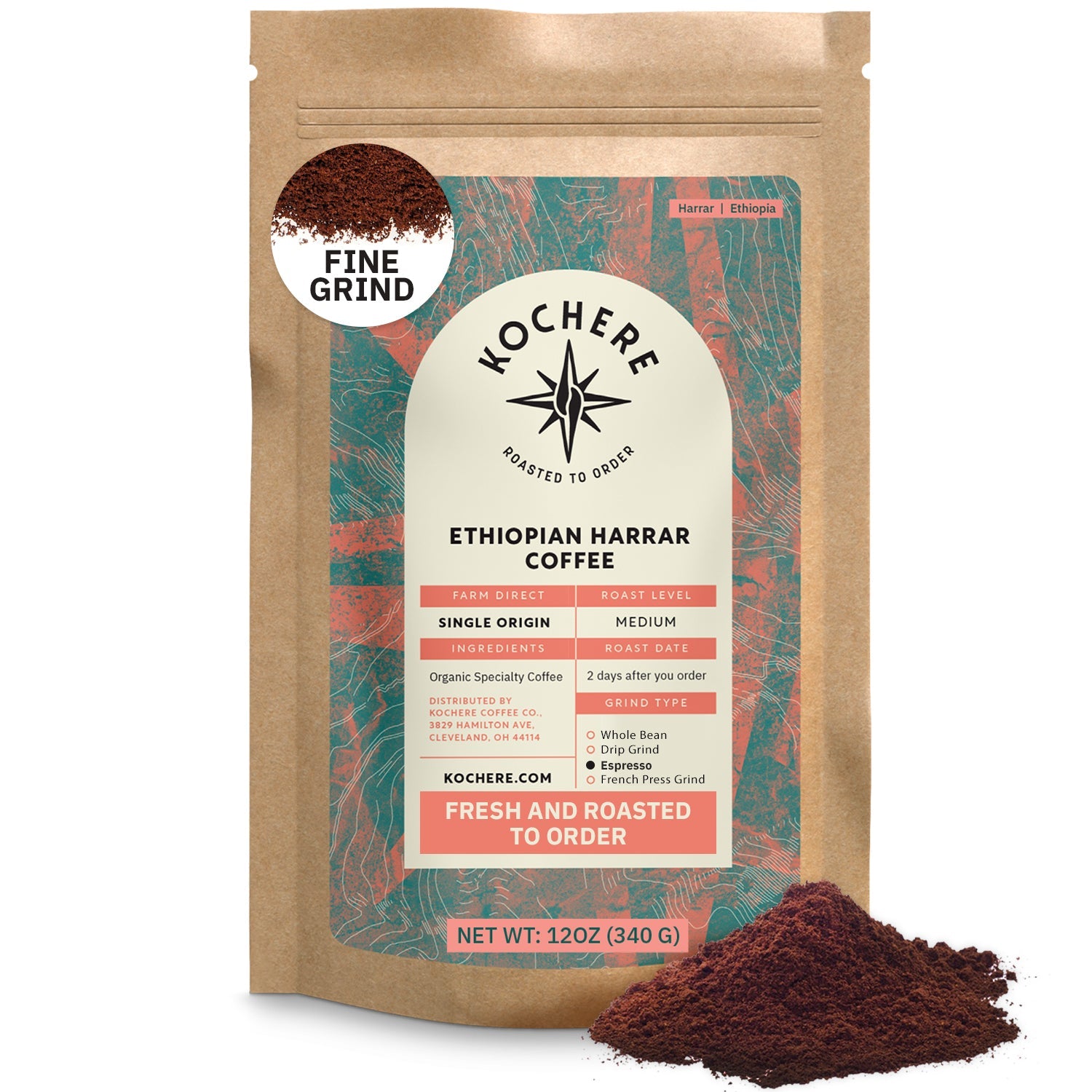 Kochere Coffee Ethiopian Harrar Natural Medium Roast - Fruity, Berry, Dark Chocolate Notes
