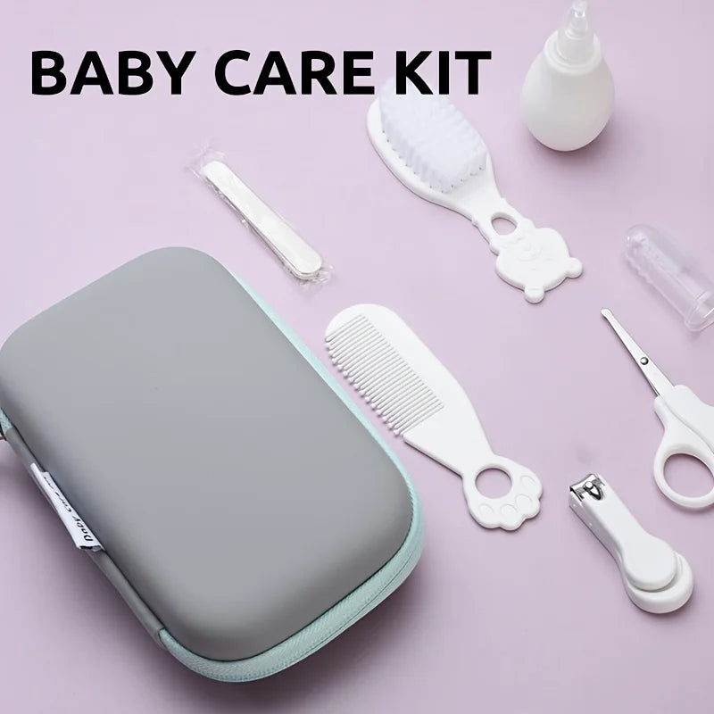 9pcs/pack Baby Grooming Kit with Travel Case,Safety Care Set with- Feeding Dropper,Nose Cleaner, Nail Clippers, Comb,Brushes,etc