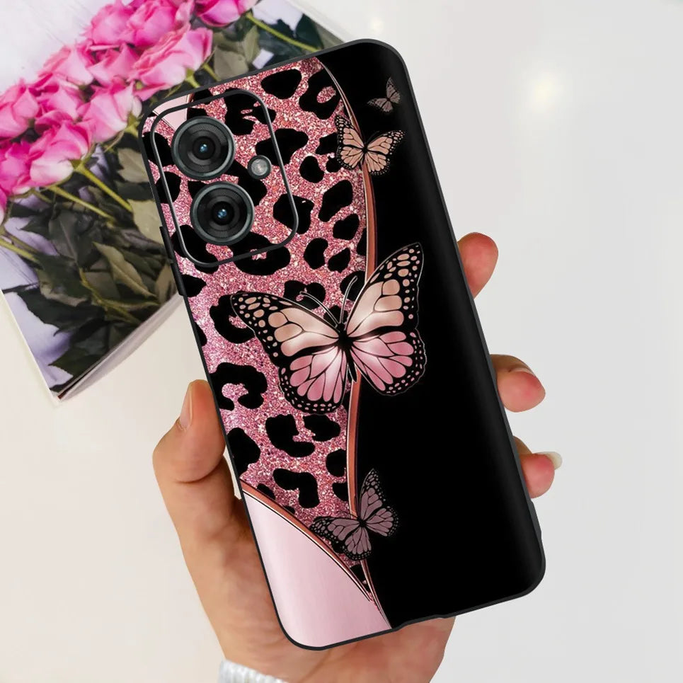 Flower Butterfly Women Fashion Back Cover For Motorola Moto G55 G85 G5 Phone Funda Black Matte Soft TPU Black Silicone
