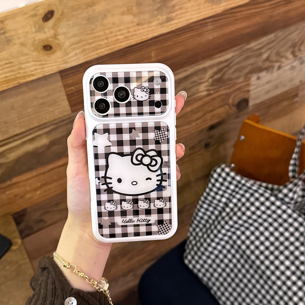 Girls Gift Cute Black White Plaid For Hello Kitty Flip Phone Case For iPhone 15 16 17 Pro Max Cartoon Kawaii Shockproof Cover