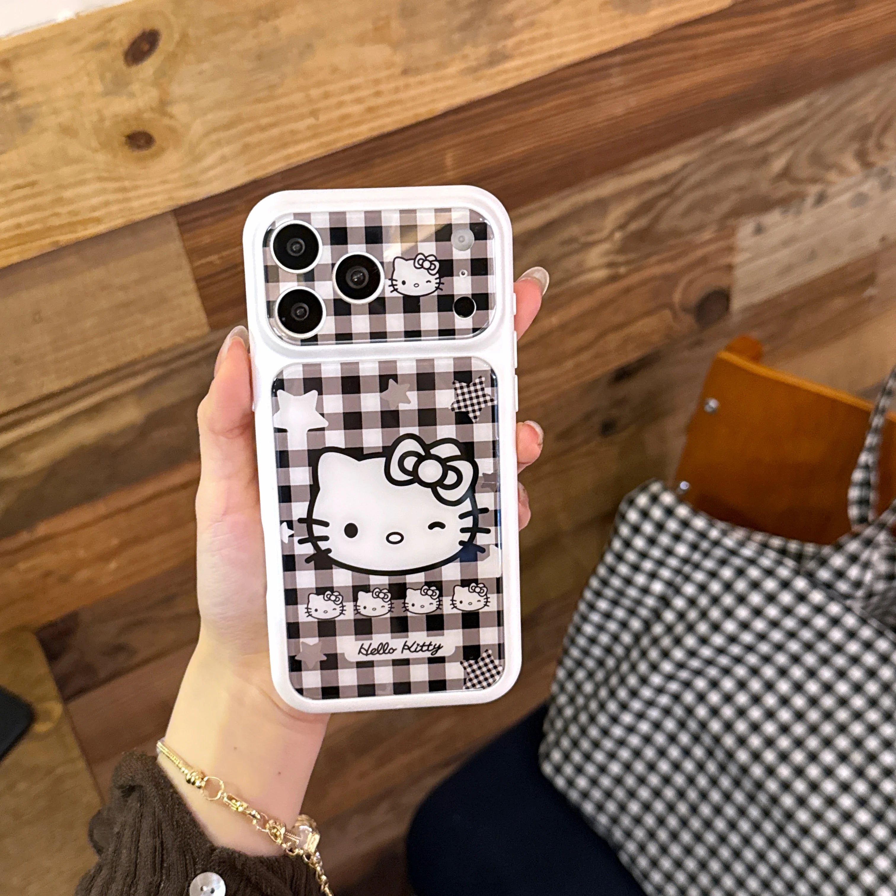 Girls Gift Cute Black White Plaid For Hello Kitty Flip Phone Case For iPhone 15 16 17 Pro Max Cartoon Kawaii Shockproof Cover