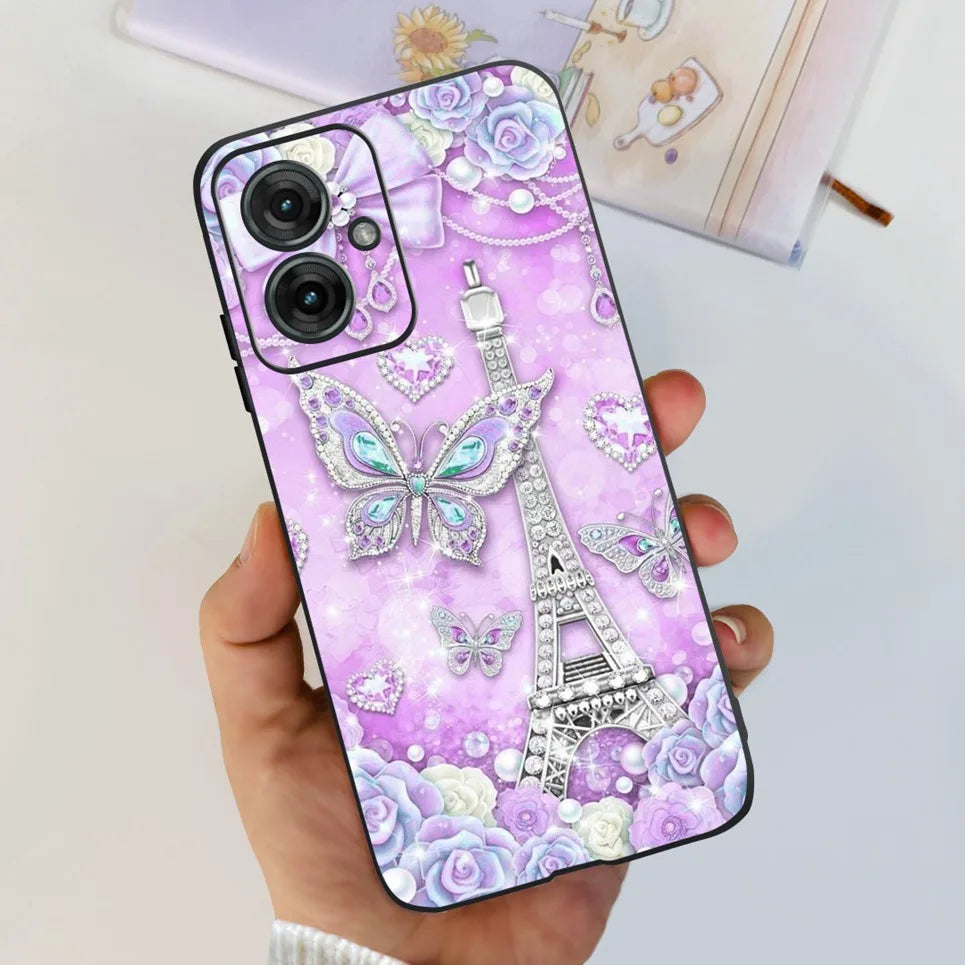 Flower Butterfly Women Fashion Back Cover For Motorola Moto G55 G85 G5 Phone Funda Black Matte Soft TPU Black Silicone