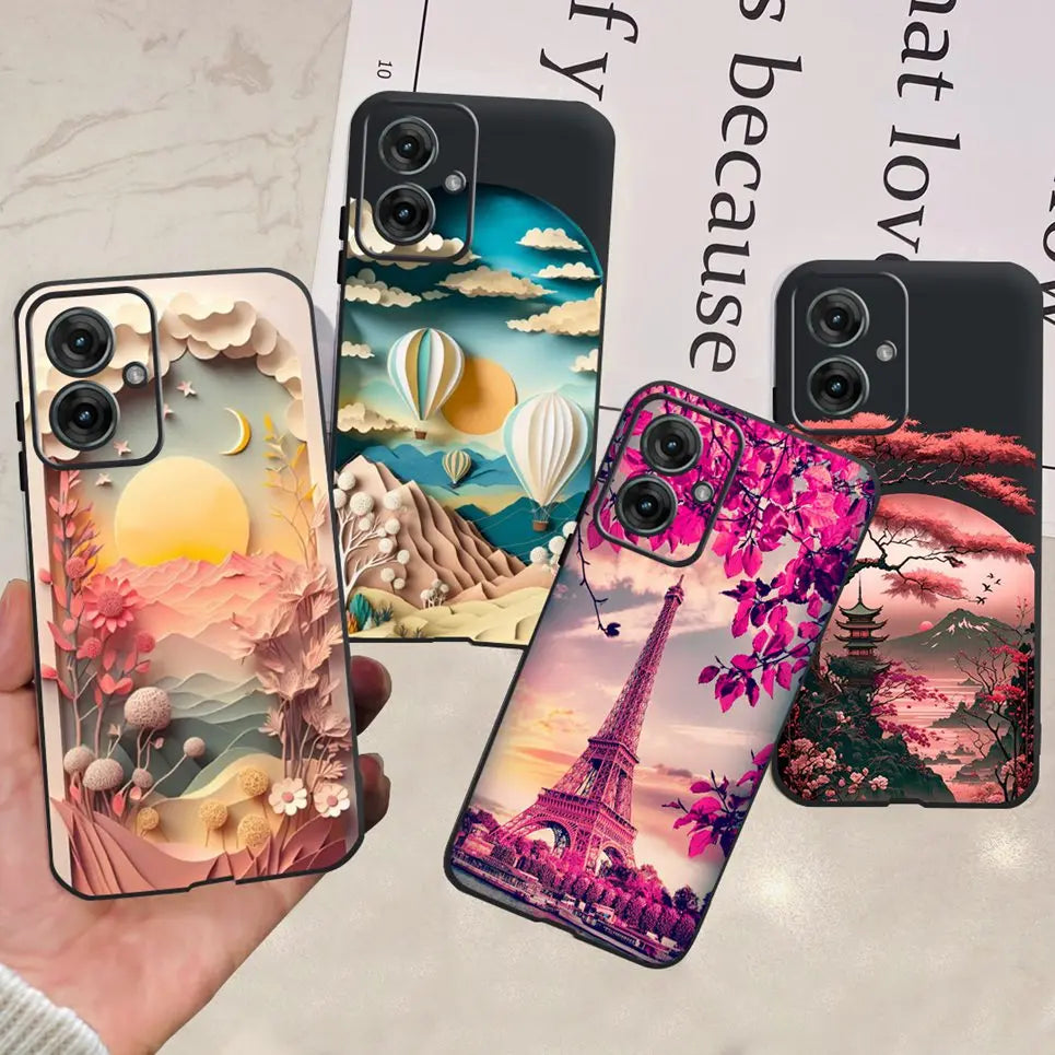 Flower Butterfly Women Fashion Back Cover For Motorola Moto G55 G85 G5 Phone Funda Black Matte Soft TPU Black Silicone
