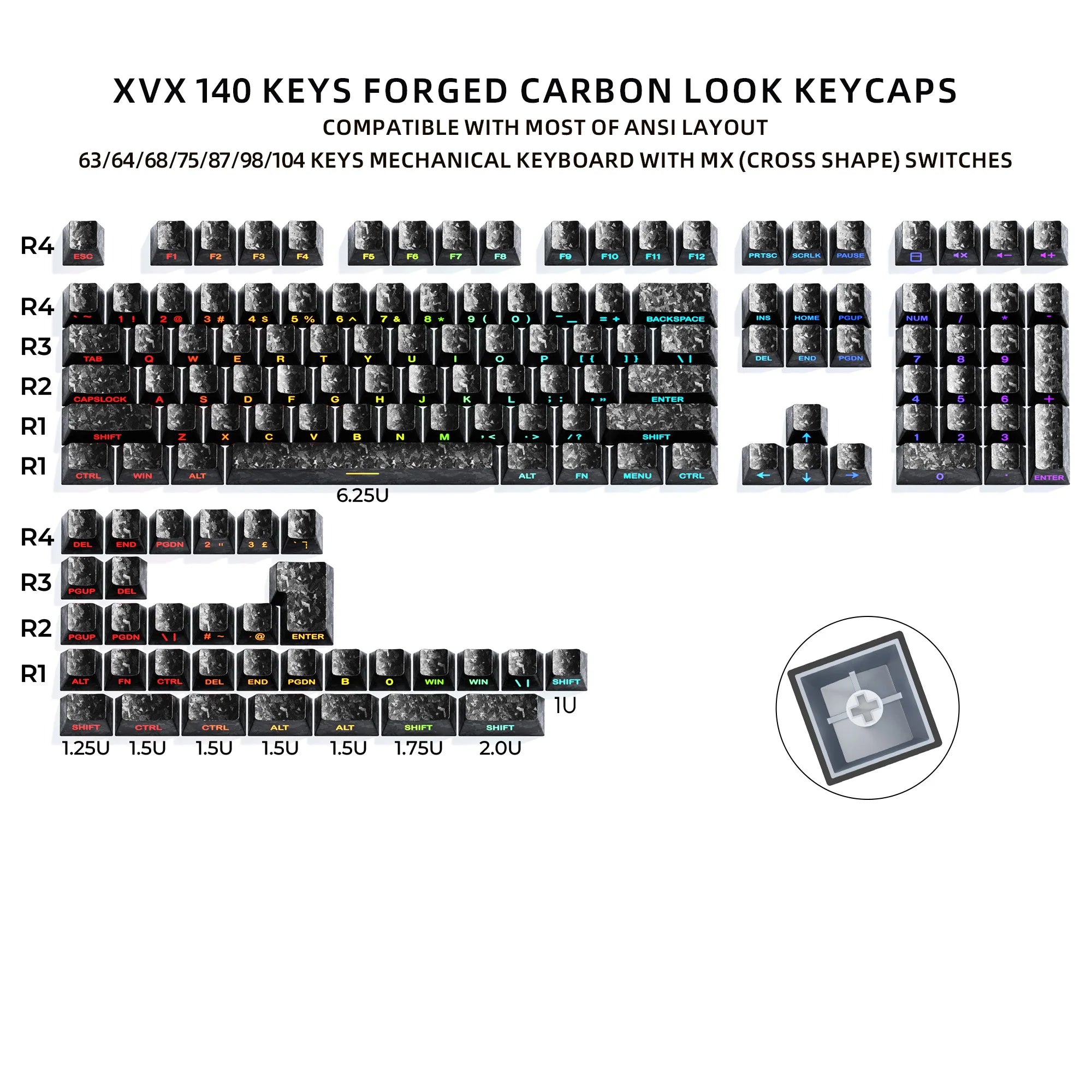 XVX White Forged Carbon Keycaps Side Print PBT Shine Through Key Cap Cherry Profile for 61/68/87/100 Keyboard 140 Keys