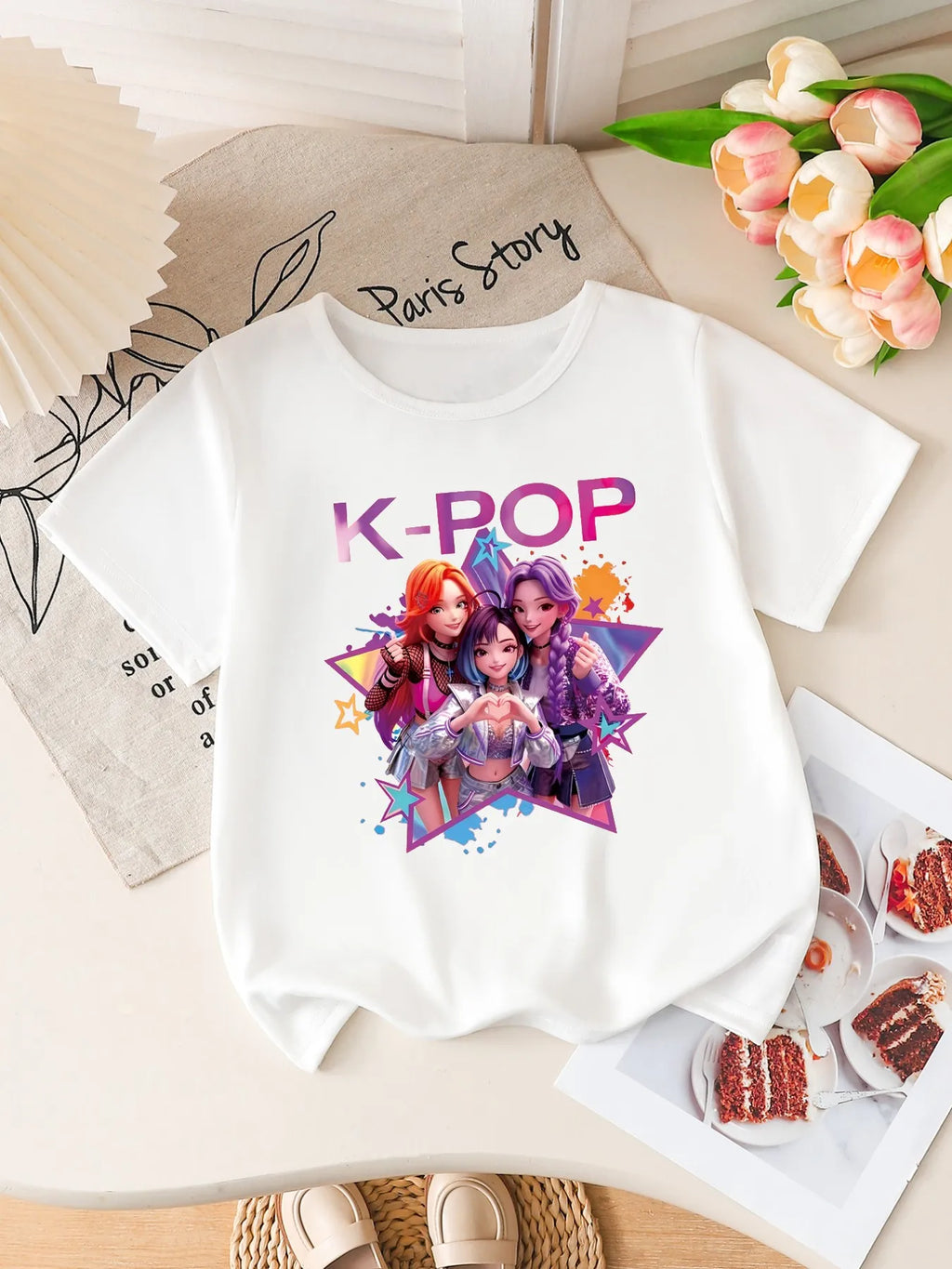 Girls K-POP Idol Group Print Short Sleeve T-Shirt Cute Cartoon Graphic Tee Kids Summer Casual Top