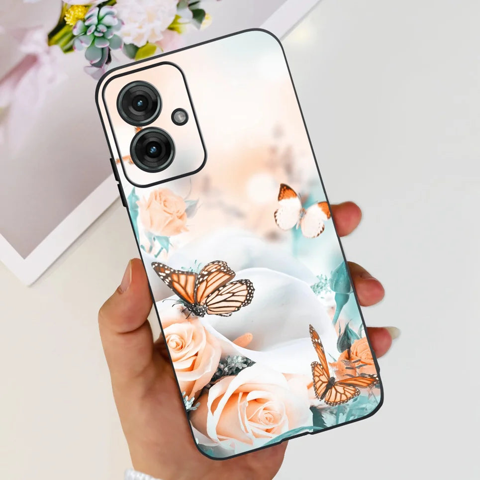 Flower Butterfly Women Fashion Back Cover For Motorola Moto G55 G85 G5 Phone Funda Black Matte Soft TPU Black Silicone