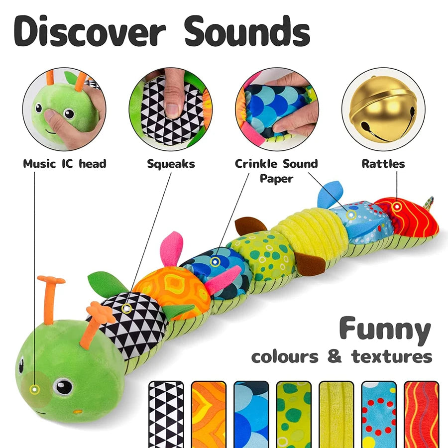 Baby Sensory Toy 0 3 6 12 Month Music Animal Stuffed Plush Caterpillar Toy for Infant Crinkle Rattle Toys for Newborn Boys Girl