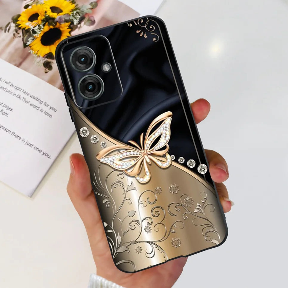 Flower Butterfly Women Fashion Back Cover For Motorola Moto G55 G85 G5 Phone Funda Black Matte Soft TPU Black Silicone