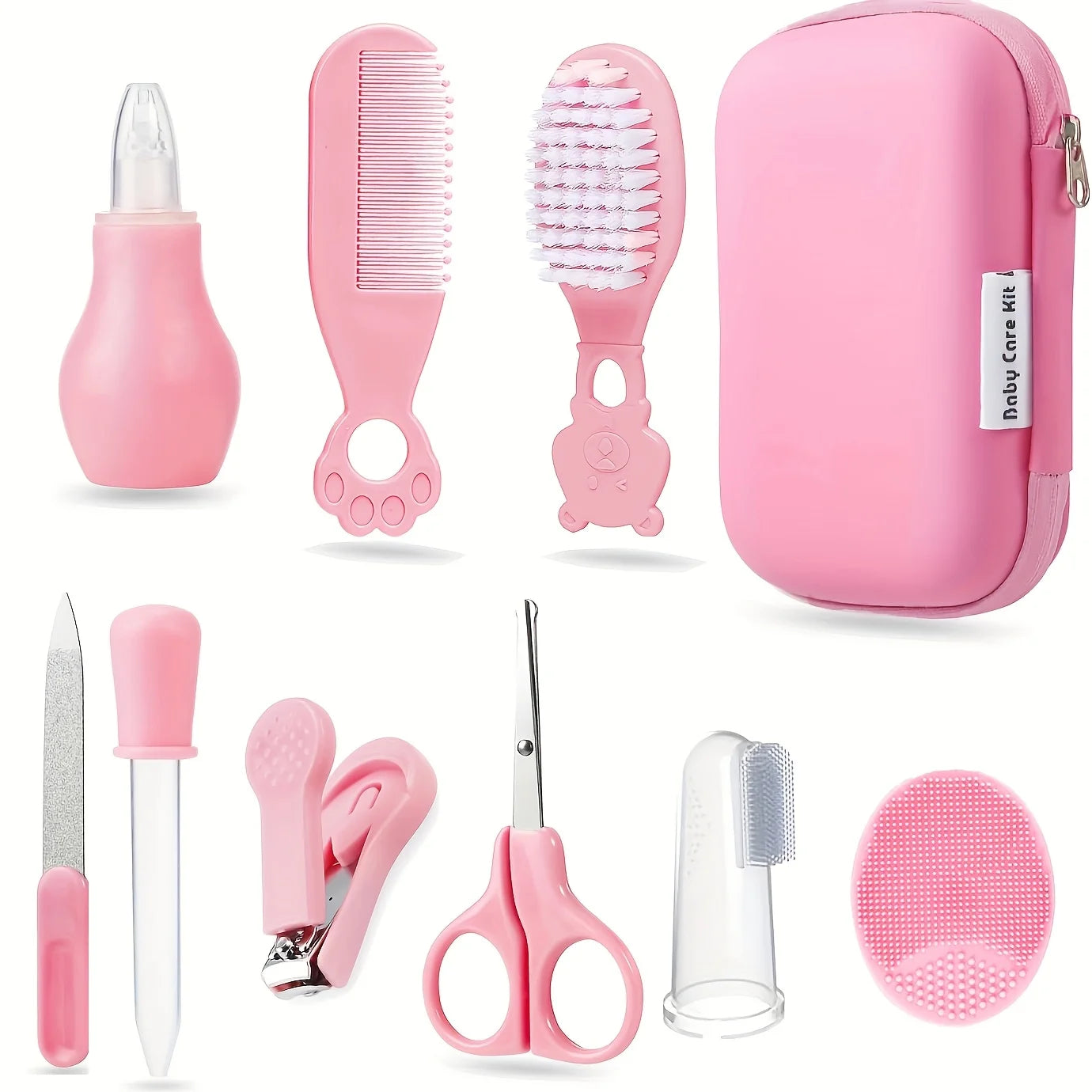 9pcs/pack Baby Grooming Kit with Travel Case,Safety Care Set with- Feeding Dropper,Nose Cleaner, Nail Clippers, Comb,Brushes,etc