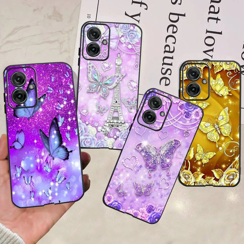 Flower Butterfly Women Fashion Back Cover For Motorola Moto G55 G85 G5 Phone Funda Black Matte Soft TPU Black Silicone