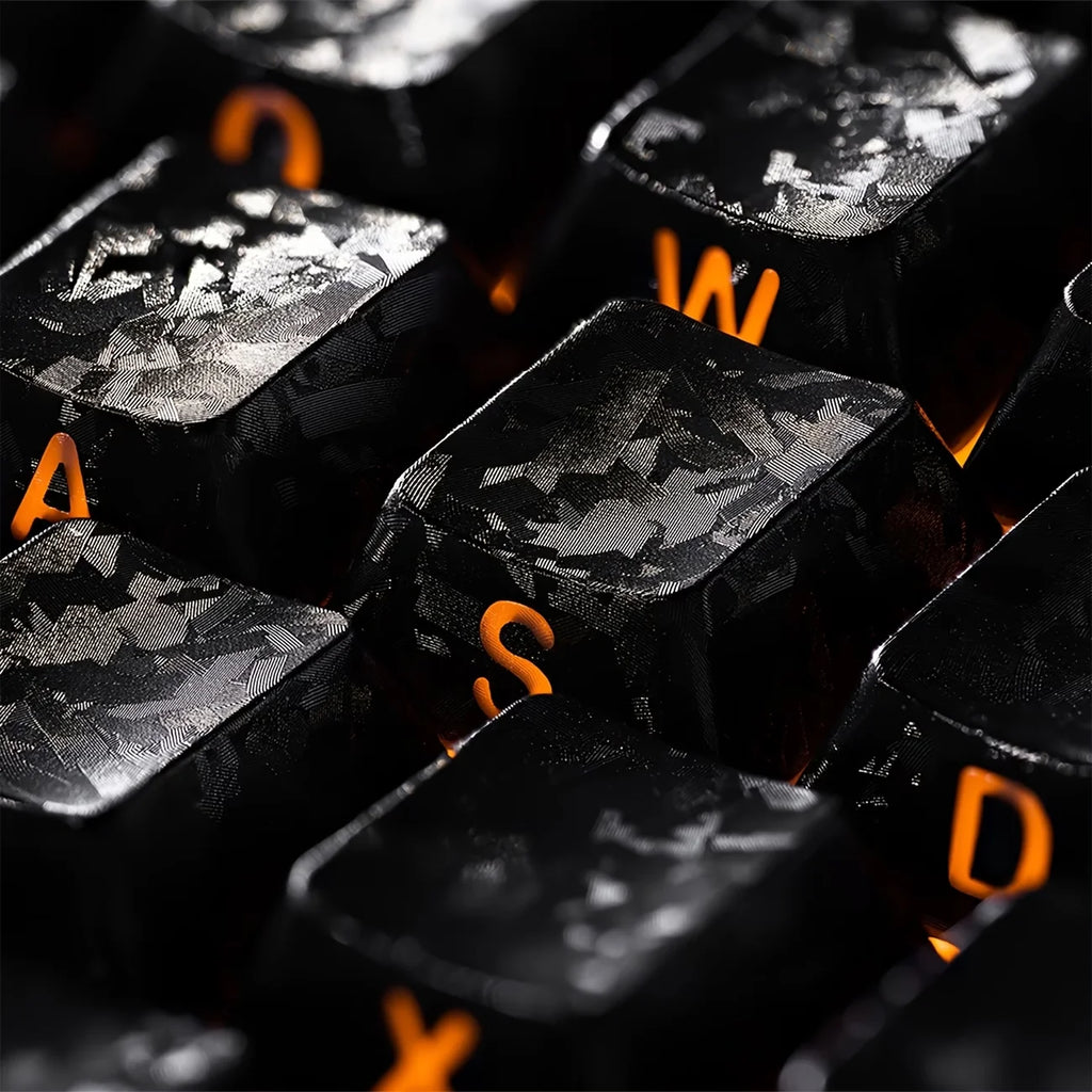 Carbon Fiber PBT Keycaps, Cherry MX Compatible, Cross Stem, Shine-Through Backlit, Side-Engraved, Cherry Profile, 6.25U Spacebar
