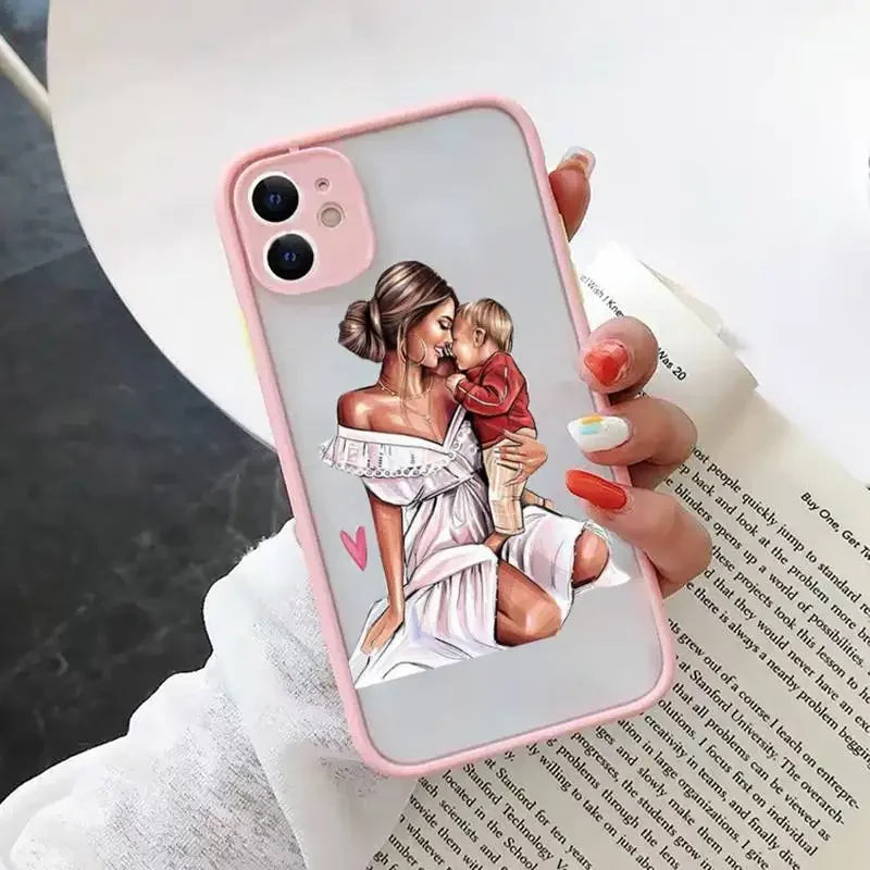 Fashion Girls Phone Case for iPhone 15 14 13 12 11 Pro Max Coque for iPhone XR X XS Mini 7 8 Plus Super Mom Baby Pink Cover