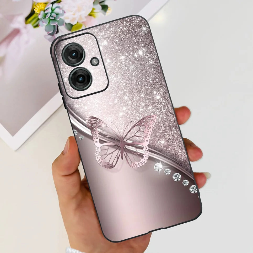 Flower Butterfly Women Fashion Back Cover For Motorola Moto G55 G85 G5 Phone Funda Black Matte Soft TPU Black Silicone