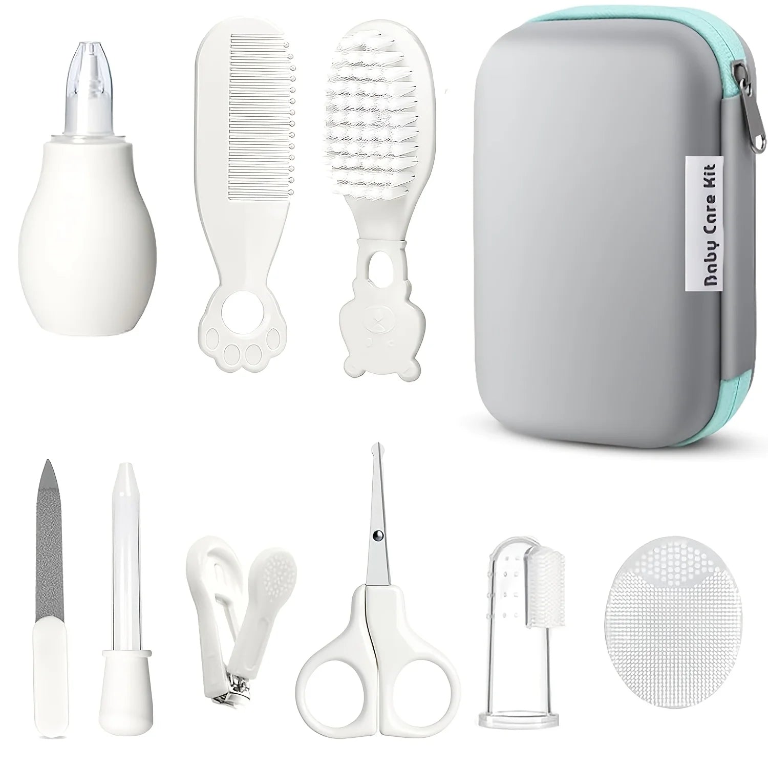 9pcs/pack Baby Grooming Kit with Travel Case,Safety Care Set with- Feeding Dropper,Nose Cleaner, Nail Clippers, Comb,Brushes,etc