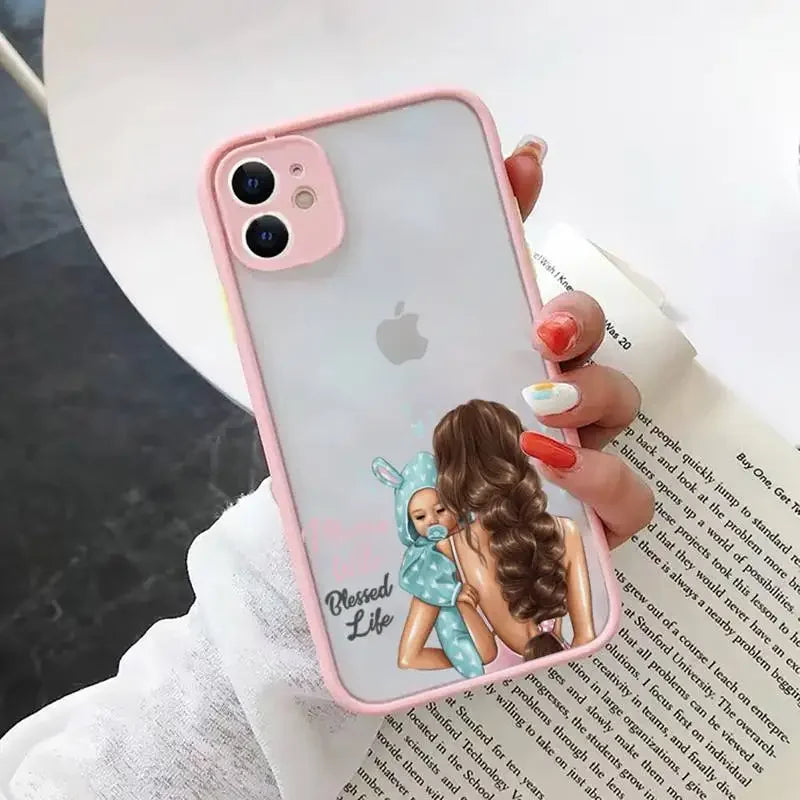 Fashion Girls Phone Case for iPhone 15 14 13 12 11 Pro Max Coque for iPhone XR X XS Mini 7 8 Plus Super Mom Baby Pink Cover