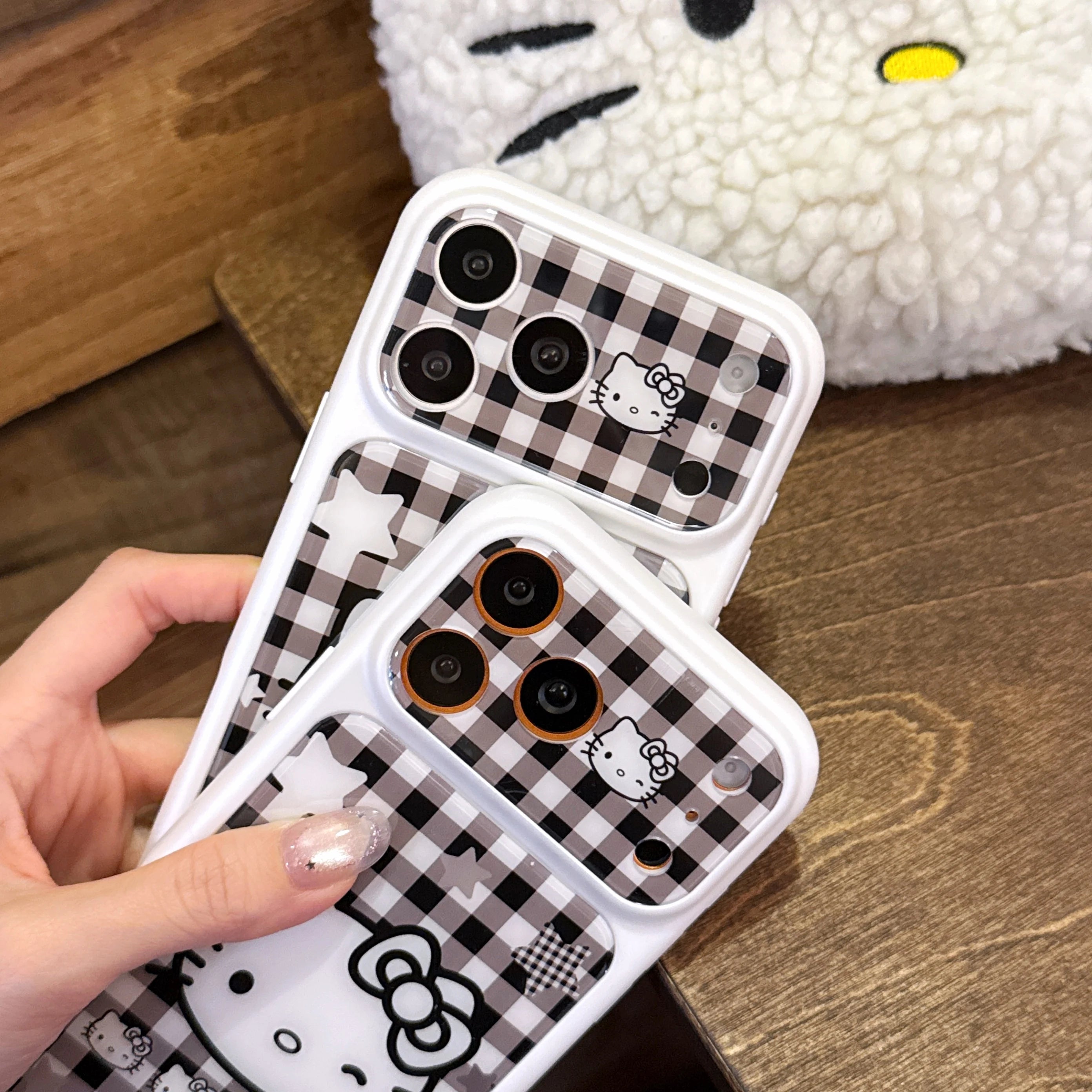 Girls Gift Cute Black White Plaid For Hello Kitty Flip Phone Case For iPhone 15 16 17 Pro Max Cartoon Kawaii Shockproof Cover