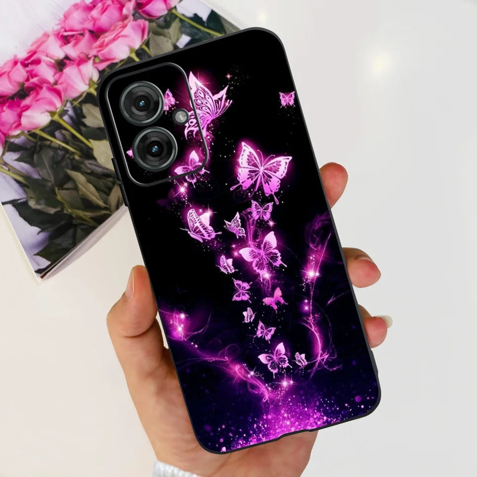 Flower Butterfly Women Fashion Back Cover For Motorola Moto G55 G85 G5 Phone Funda Black Matte Soft TPU Black Silicone