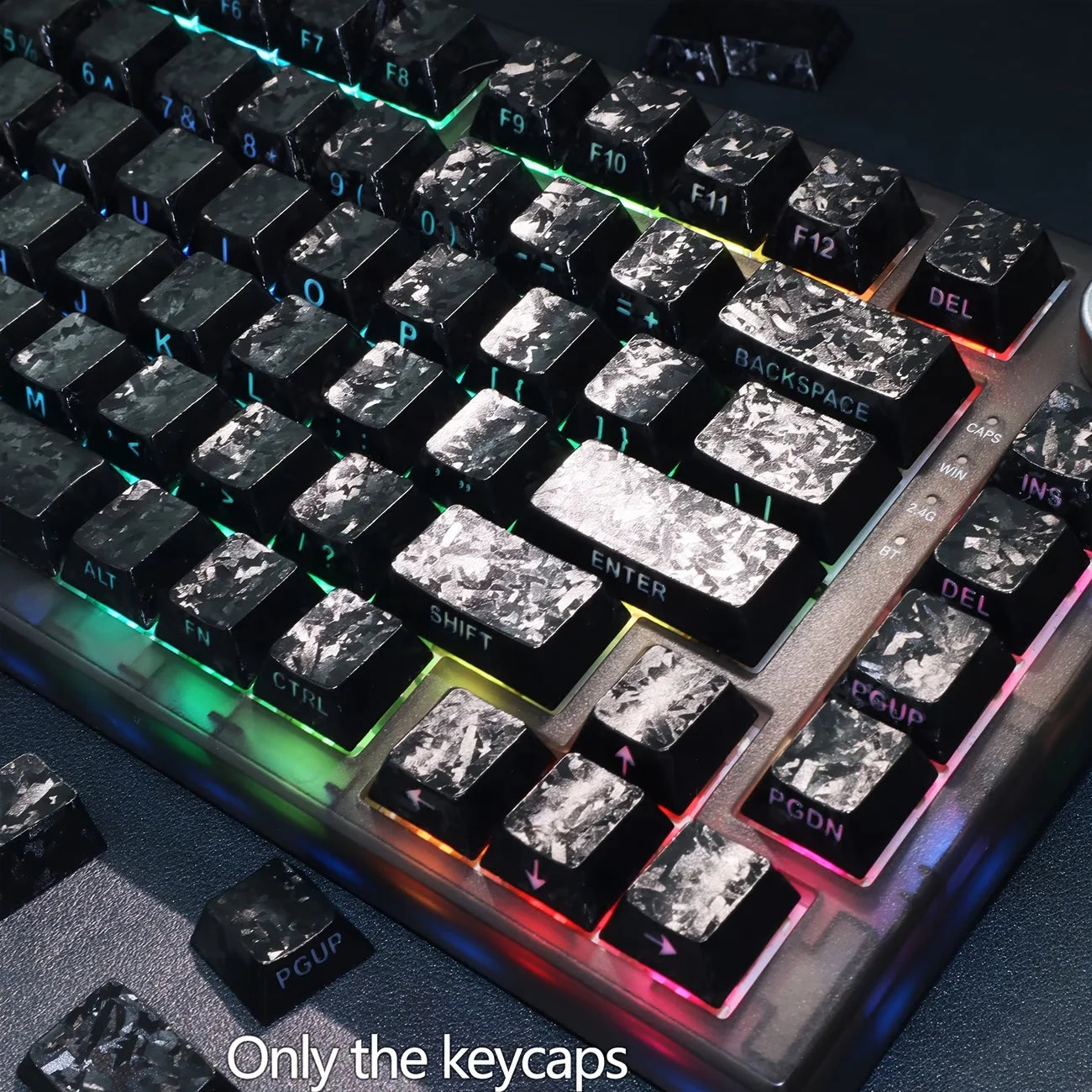 Carbon Fiber PBT Keycaps, Cherry MX Compatible, Cross Stem, Shine-Through Backlit, Side-Engraved, Cherry Profile, 6.25U Spacebar
