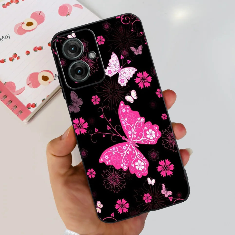 Flower Butterfly Women Fashion Back Cover For Motorola Moto G55 G85 G5 Phone Funda Black Matte Soft TPU Black Silicone