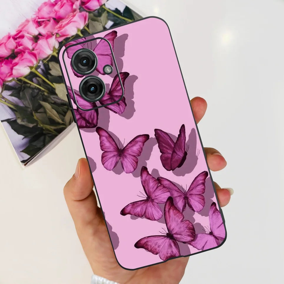 Flower Butterfly Women Fashion Back Cover For Motorola Moto G55 G85 G5 Phone Funda Black Matte Soft TPU Black Silicone