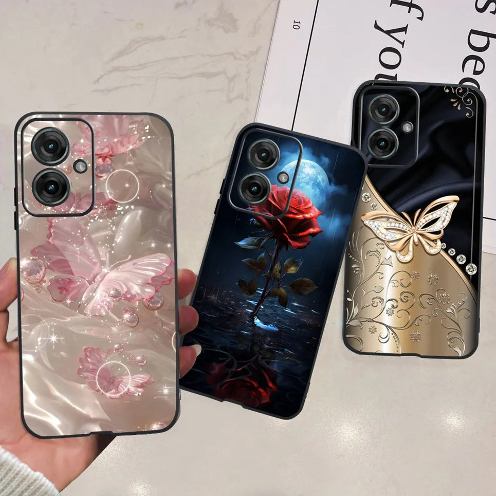 Flower Butterfly Women Fashion Back Cover For Motorola Moto G55 G85 G5 Phone Funda Black Matte Soft TPU Black Silicone