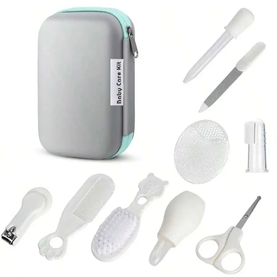 9pcs/pack Baby Grooming Kit with Travel Case,Safety Care Set with- Feeding Dropper,Nose Cleaner, Nail Clippers, Comb,Brushes,etc