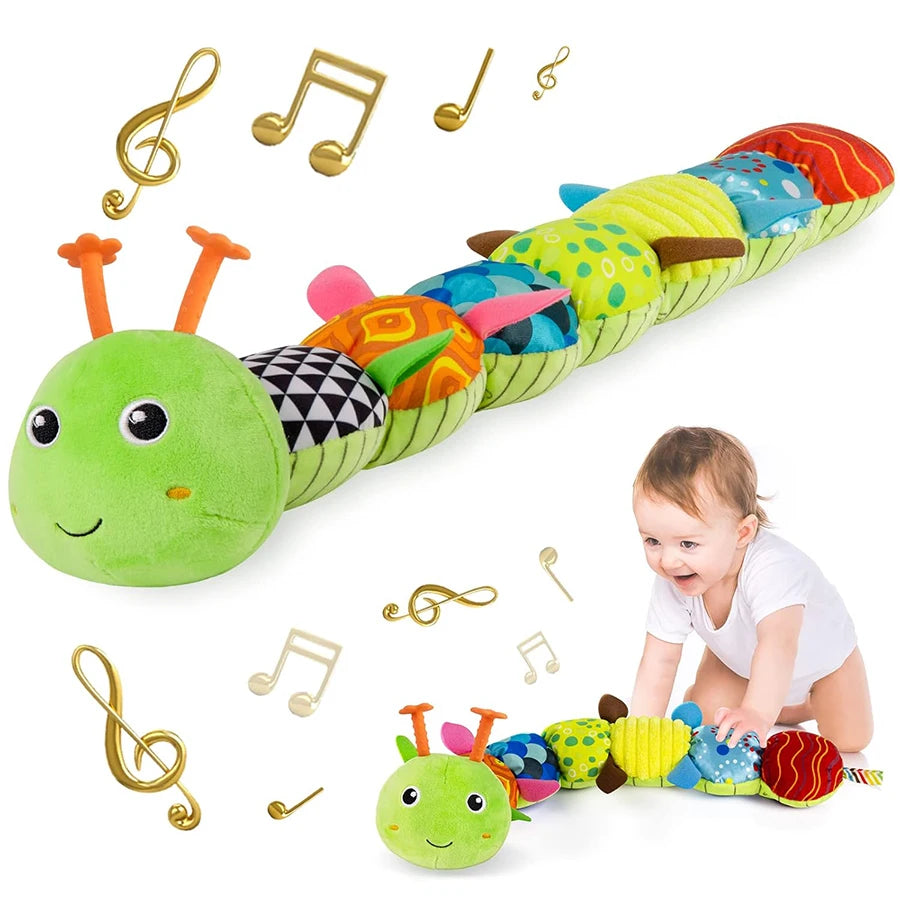 Baby Sensory Toy 0 3 6 12 Month Music Animal Stuffed Plush Caterpillar Toy for Infant Crinkle Rattle Toys for Newborn Boys Girl