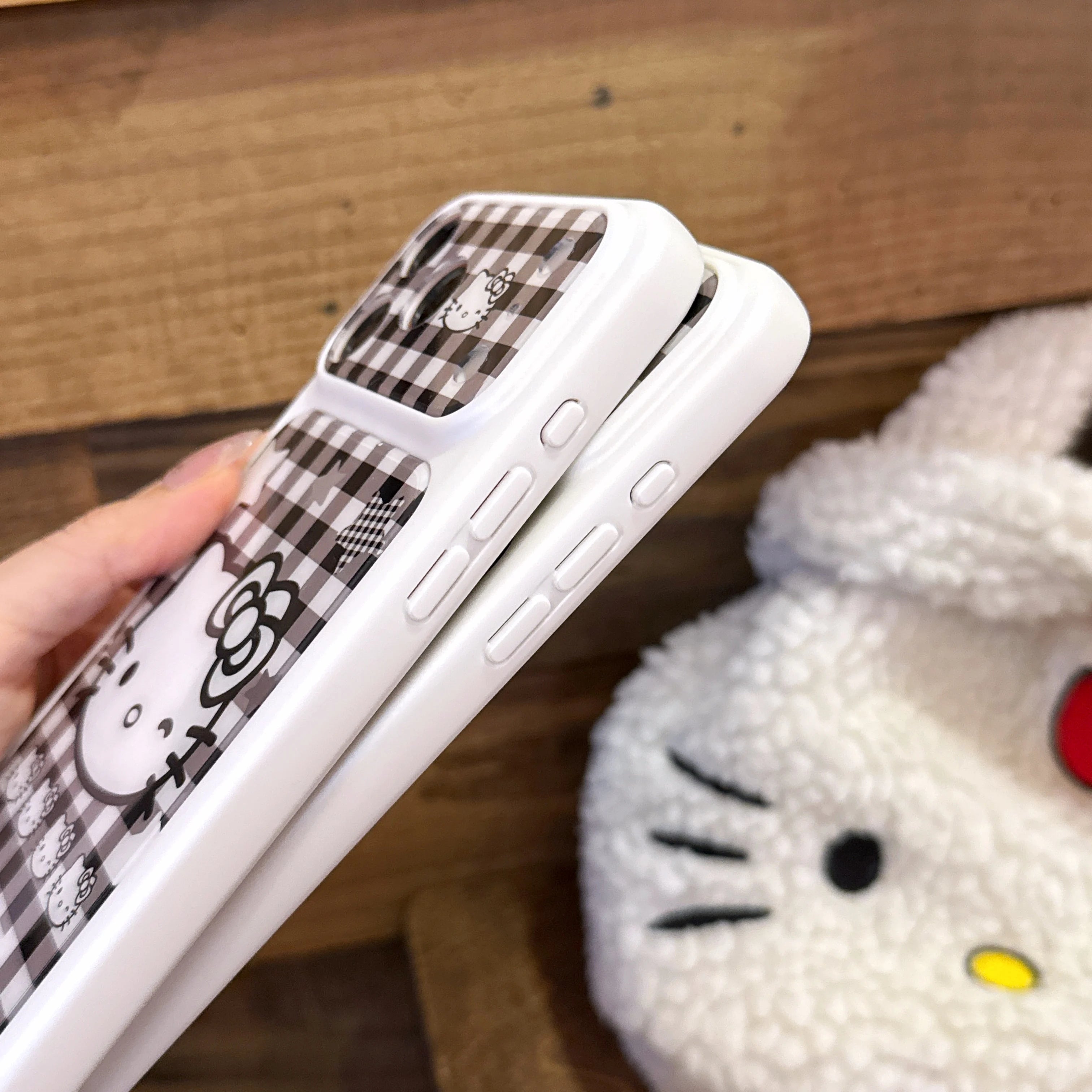 Girls Gift Cute Black White Plaid For Hello Kitty Flip Phone Case For iPhone 15 16 17 Pro Max Cartoon Kawaii Shockproof Cover