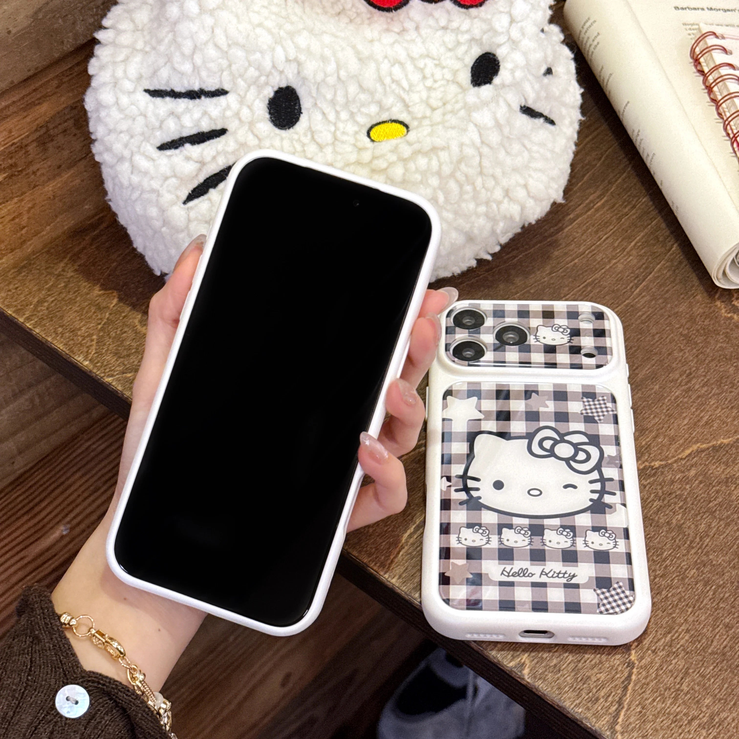 Girls Gift Cute Black White Plaid For Hello Kitty Flip Phone Case For iPhone 15 16 17 Pro Max Cartoon Kawaii Shockproof Cover