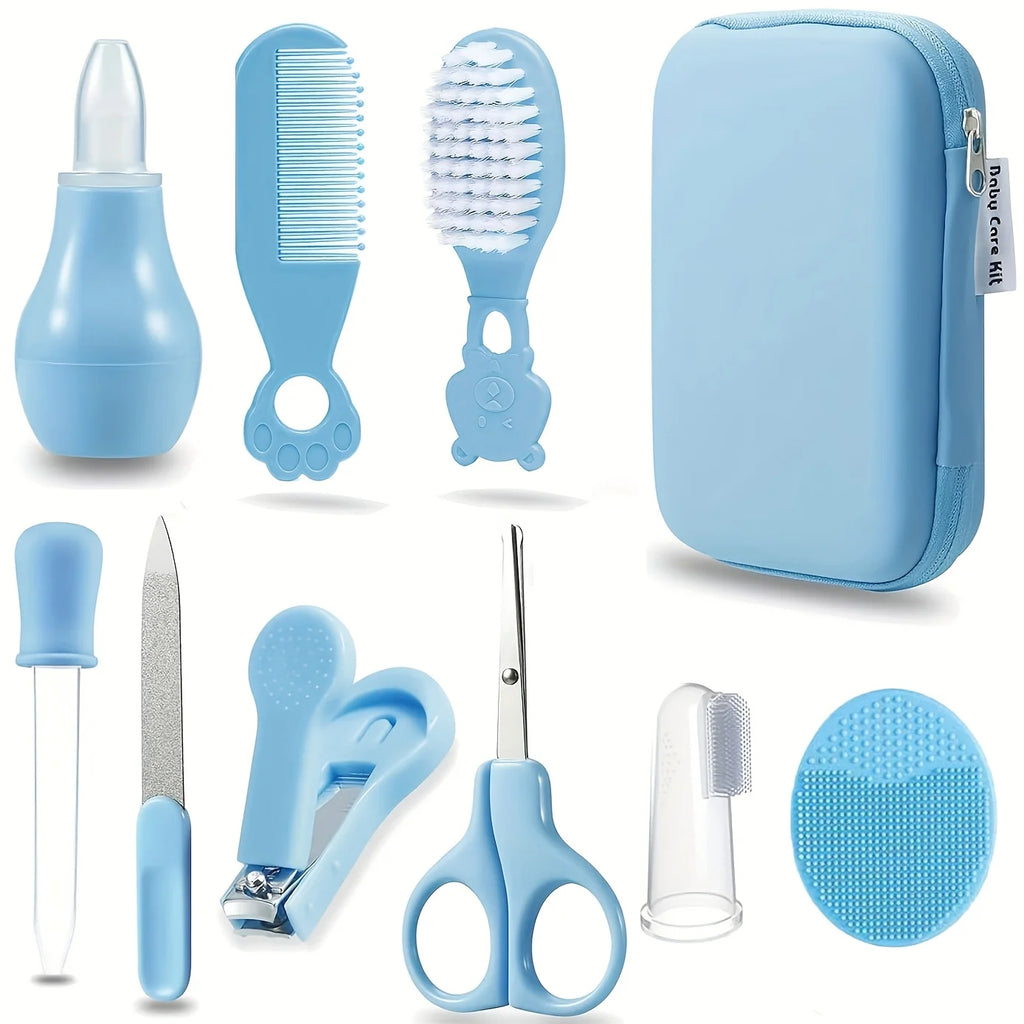 9pcs/pack Baby Grooming Kit with Travel Case,Safety Care Set with- Feeding Dropper,Nose Cleaner, Nail Clippers, Comb,Brushes,etc