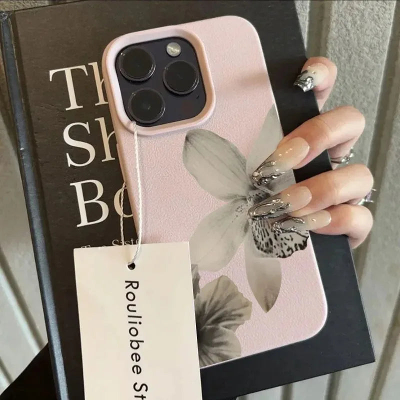 Black & White Floral Pattern Phone Case For iPhone 16 17 15 14 Pro Max 12 11 13 Plus 17 Air Lichee Pattern Soft Phone Cover