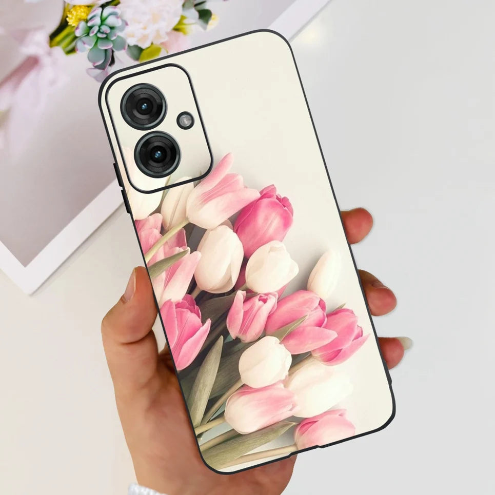 Flower Butterfly Women Fashion Back Cover For Motorola Moto G55 G85 G5 Phone Funda Black Matte Soft TPU Black Silicone