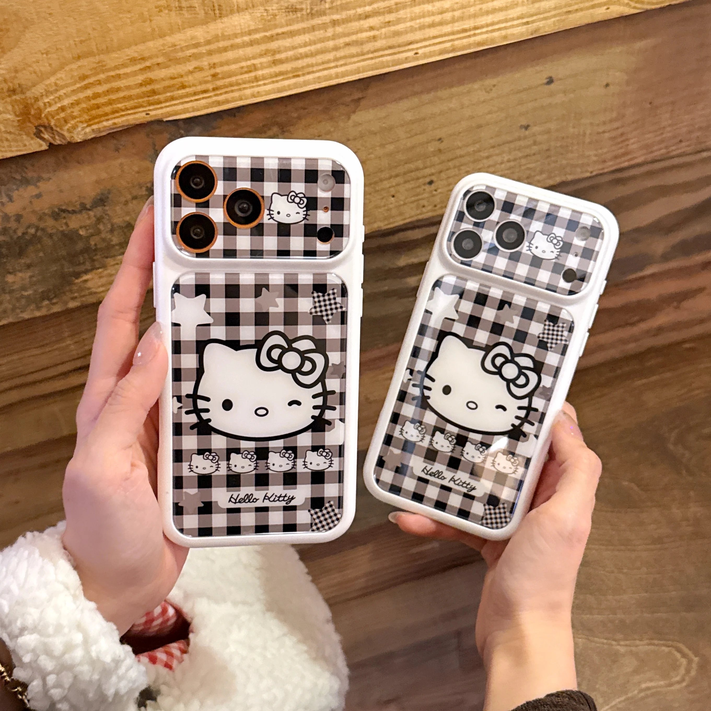 Girls Gift Cute Black White Plaid For Hello Kitty Flip Phone Case For iPhone 15 16 17 Pro Max Cartoon Kawaii Shockproof Cover