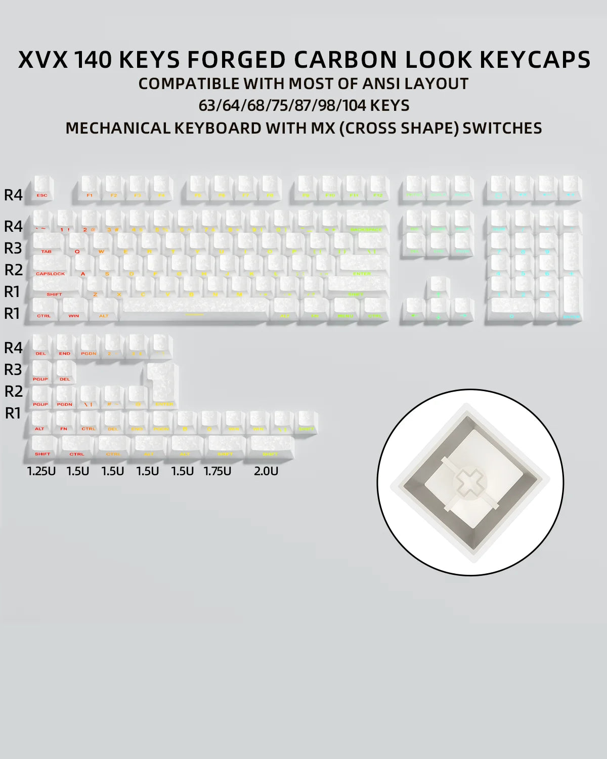XVX White Forged Carbon Keycaps Side Print PBT Shine Through Key Cap Cherry Profile for 61/68/87/100 Keyboard 140 Keys