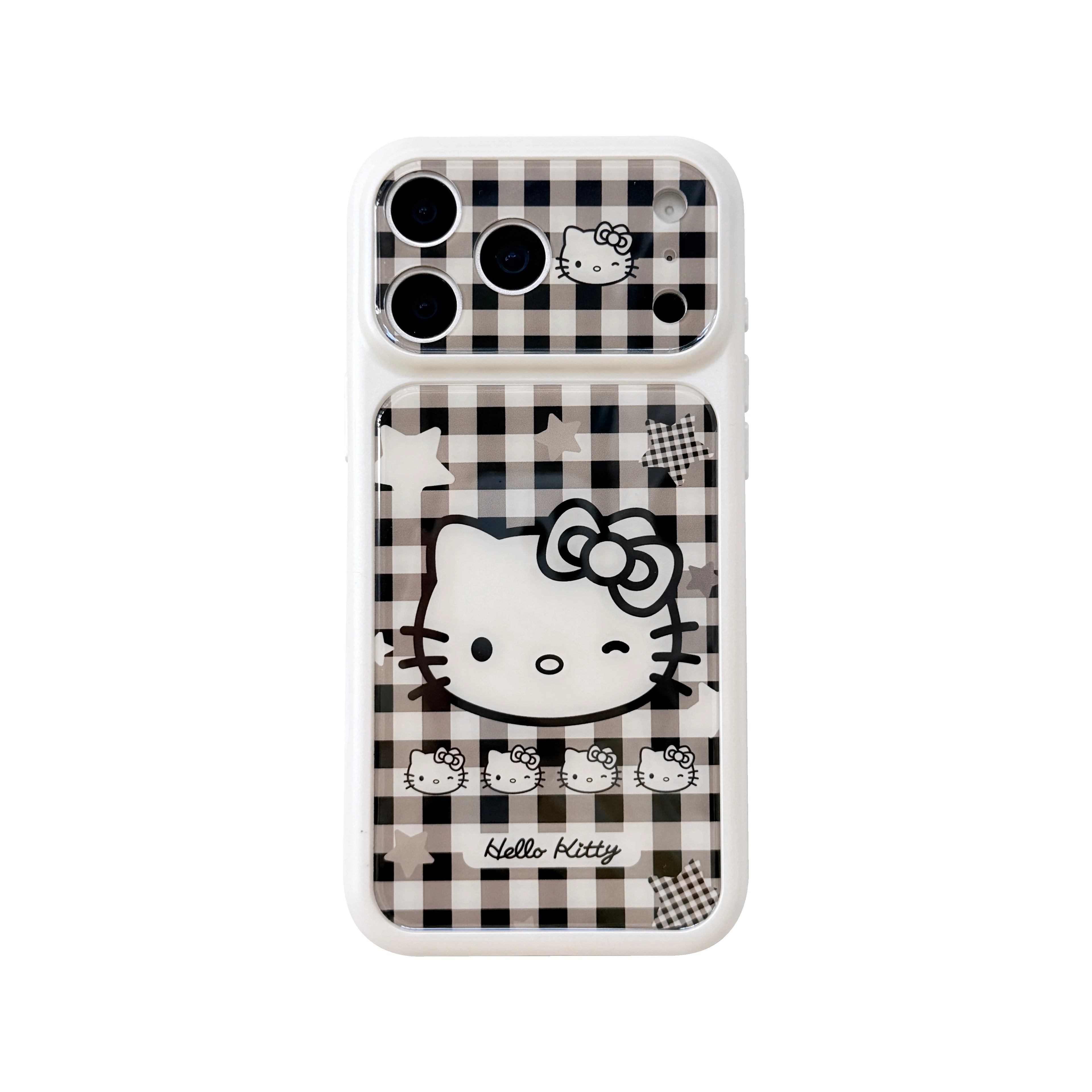 Girls Gift Cute Black White Plaid For Hello Kitty Flip Phone Case For iPhone 15 16 17 Pro Max Cartoon Kawaii Shockproof Cover